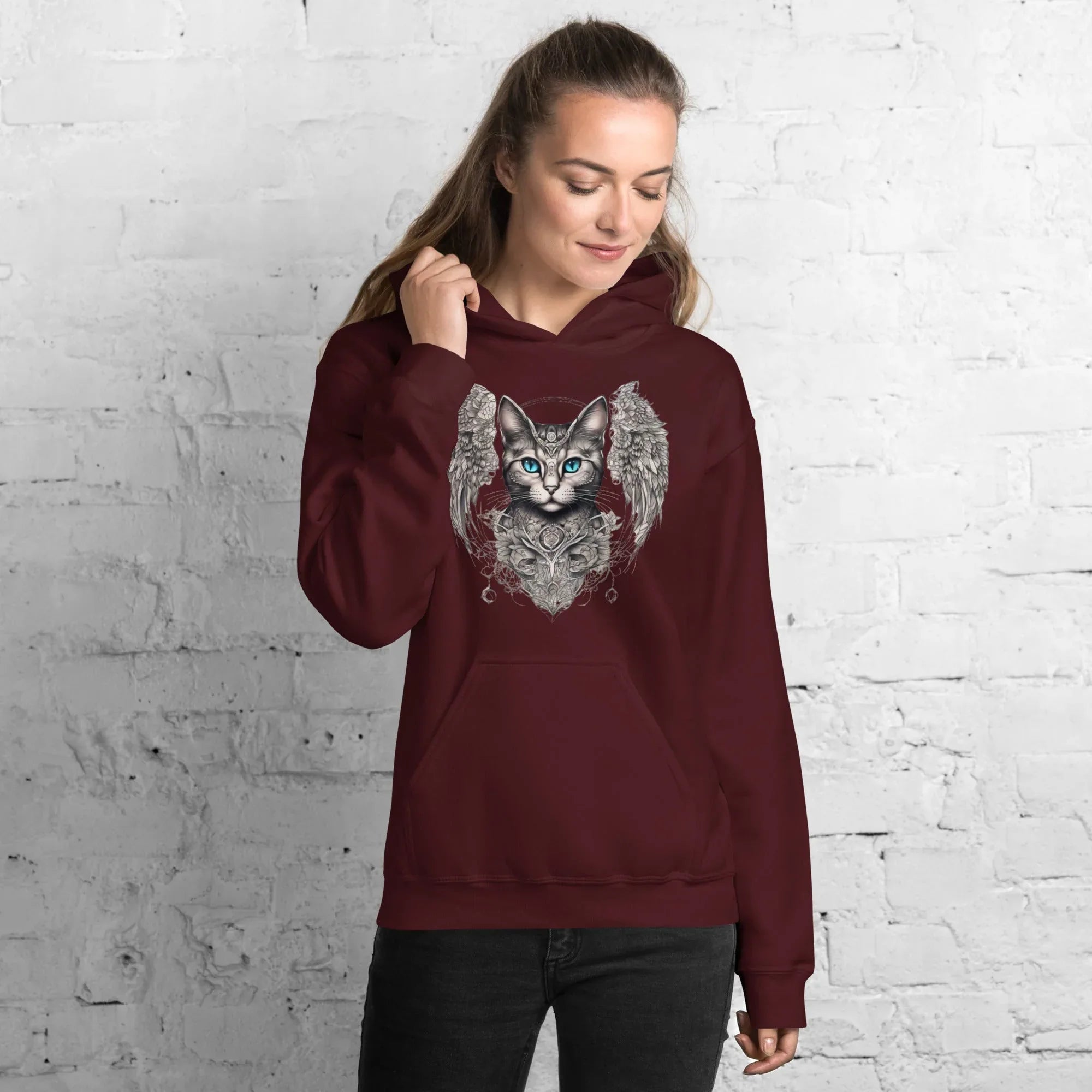 Women's | Cat With Wings Hoodie Maroon Hoodie AwRans Clothing unisex-heavy-blend-hoodie-maroon-front-65dbd09d79f12
