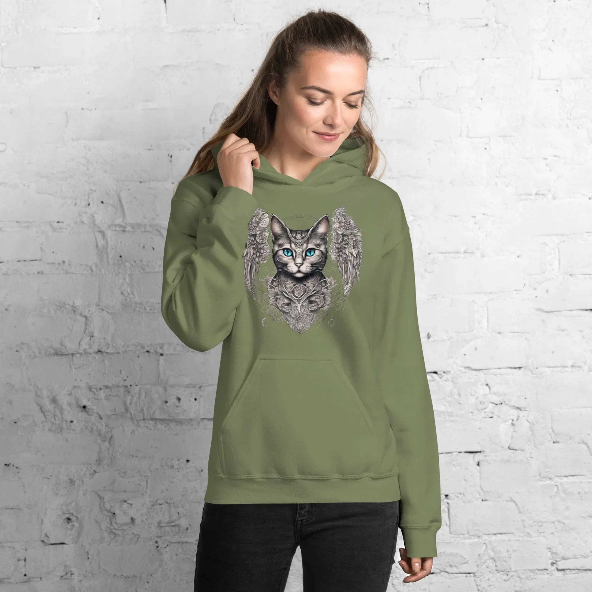 Women's | Cat With Wings Hoodie Military Green Hoodie AwRans Clothing unisex-heavy-blend-hoodie-military-green-front-65dbd09d85d0e