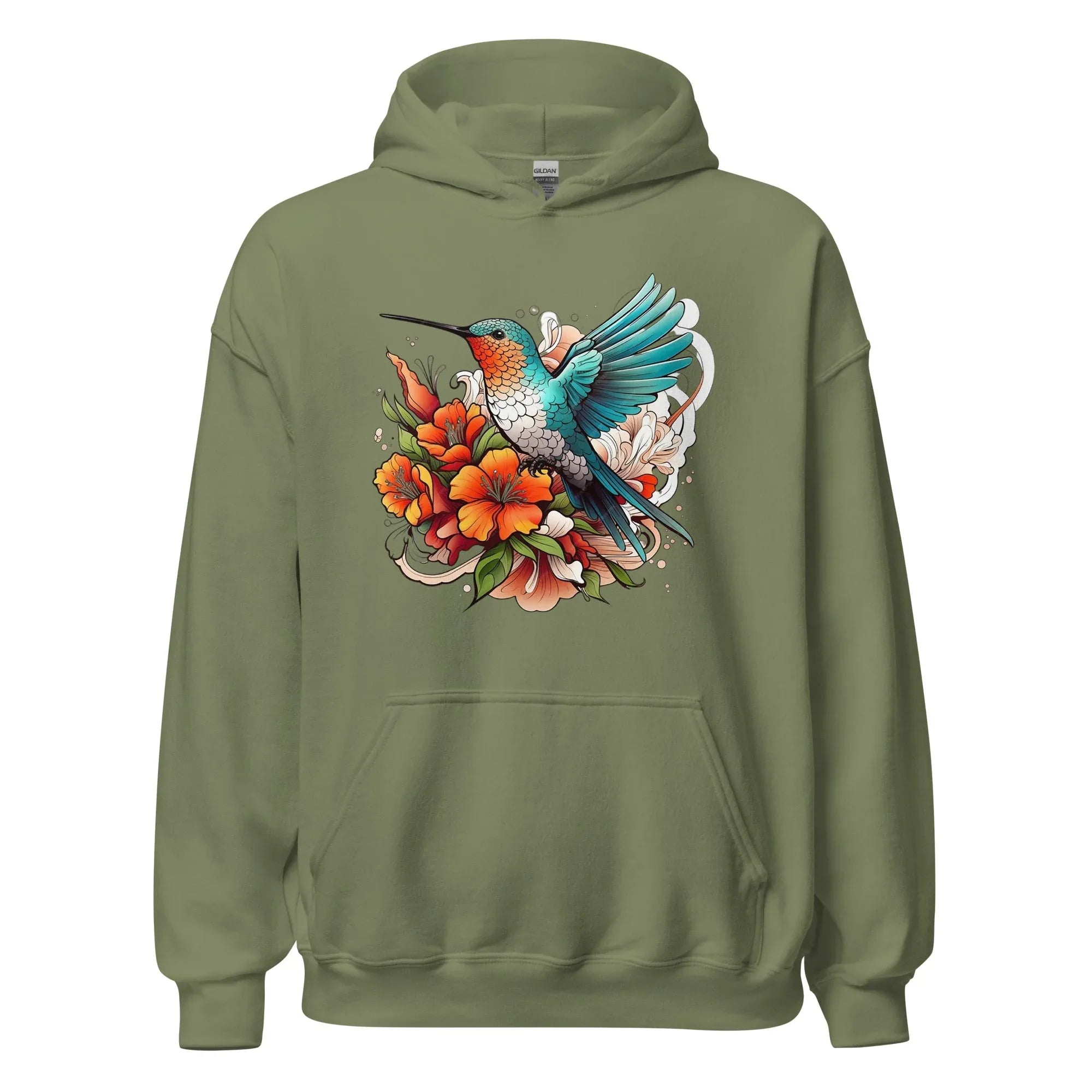Unisex | Flying Bird With Flowers Hoodie Military Green hoodie AwRans Clothing unisex-heavy-blend-hoodie-military-green-front-661469302641a
