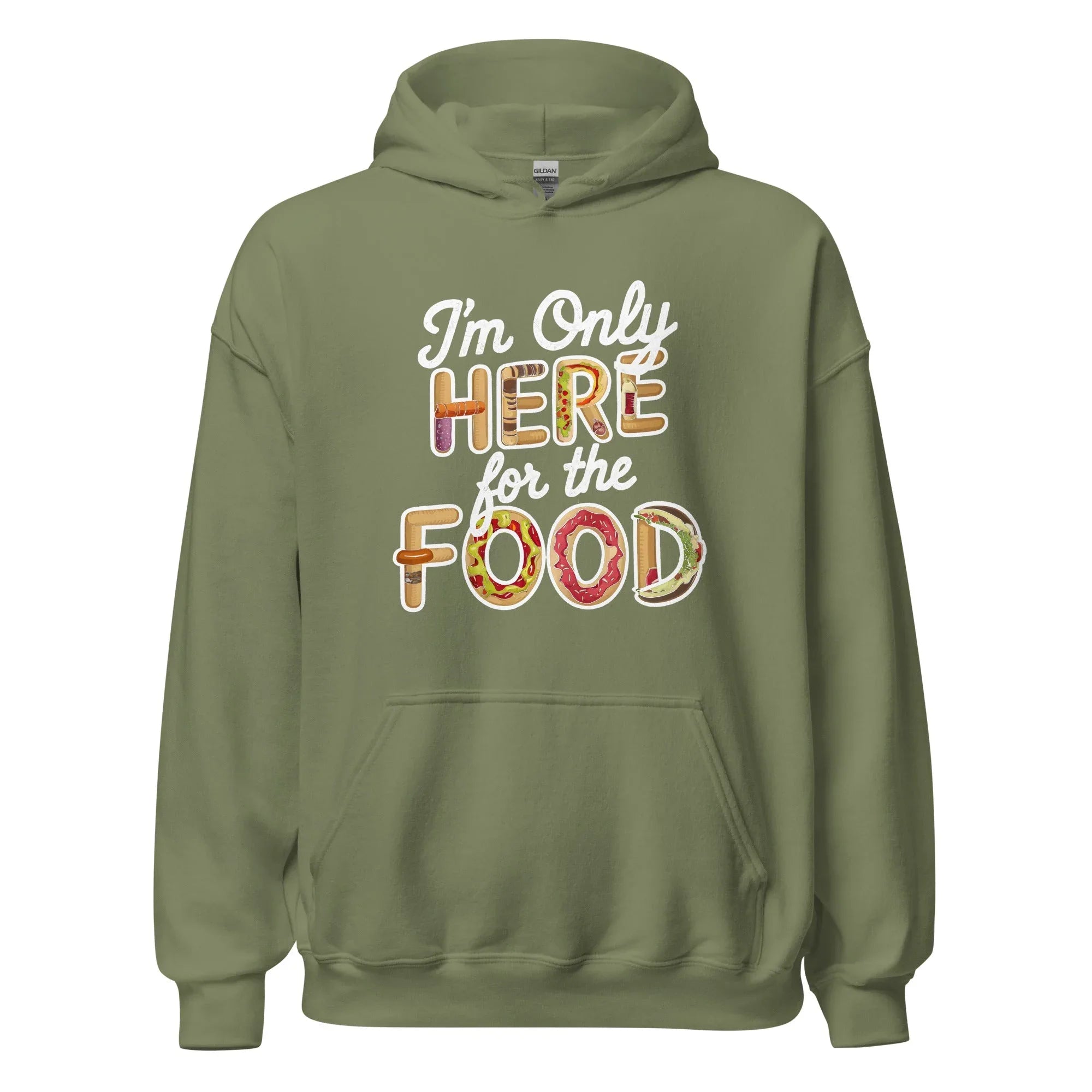 Unisex | I'm Only Here For The Food Hoodie Military Green hoodie AwRans Clothing unisex-heavy-blend-hoodie-military-green-front-66658613795ca