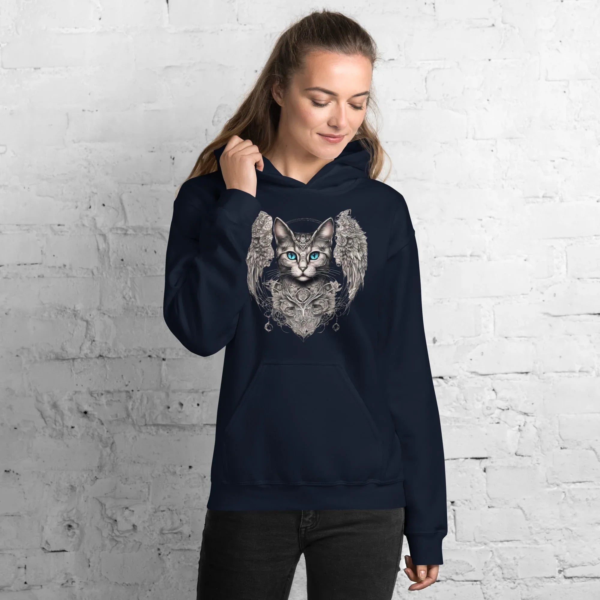 Women's | Cat With Wings Hoodie Navy Hoodie AwRans Clothing unisex-heavy-blend-hoodie-navy-front-65dbd09d796b2