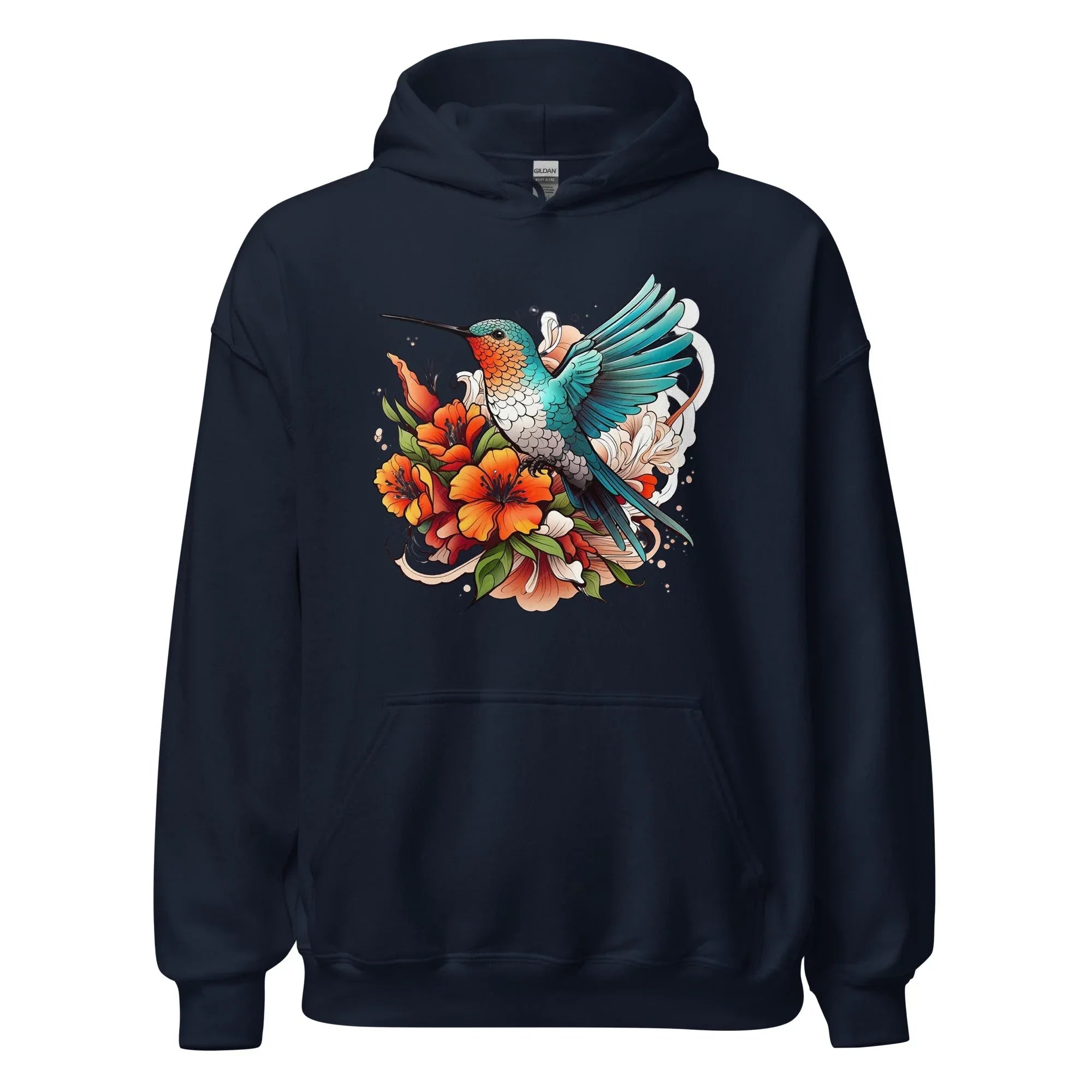 Unisex | Flying Bird With Flowers Hoodie Navy hoodie AwRans Clothing unisex-heavy-blend-hoodie-navy-front-6614693019685