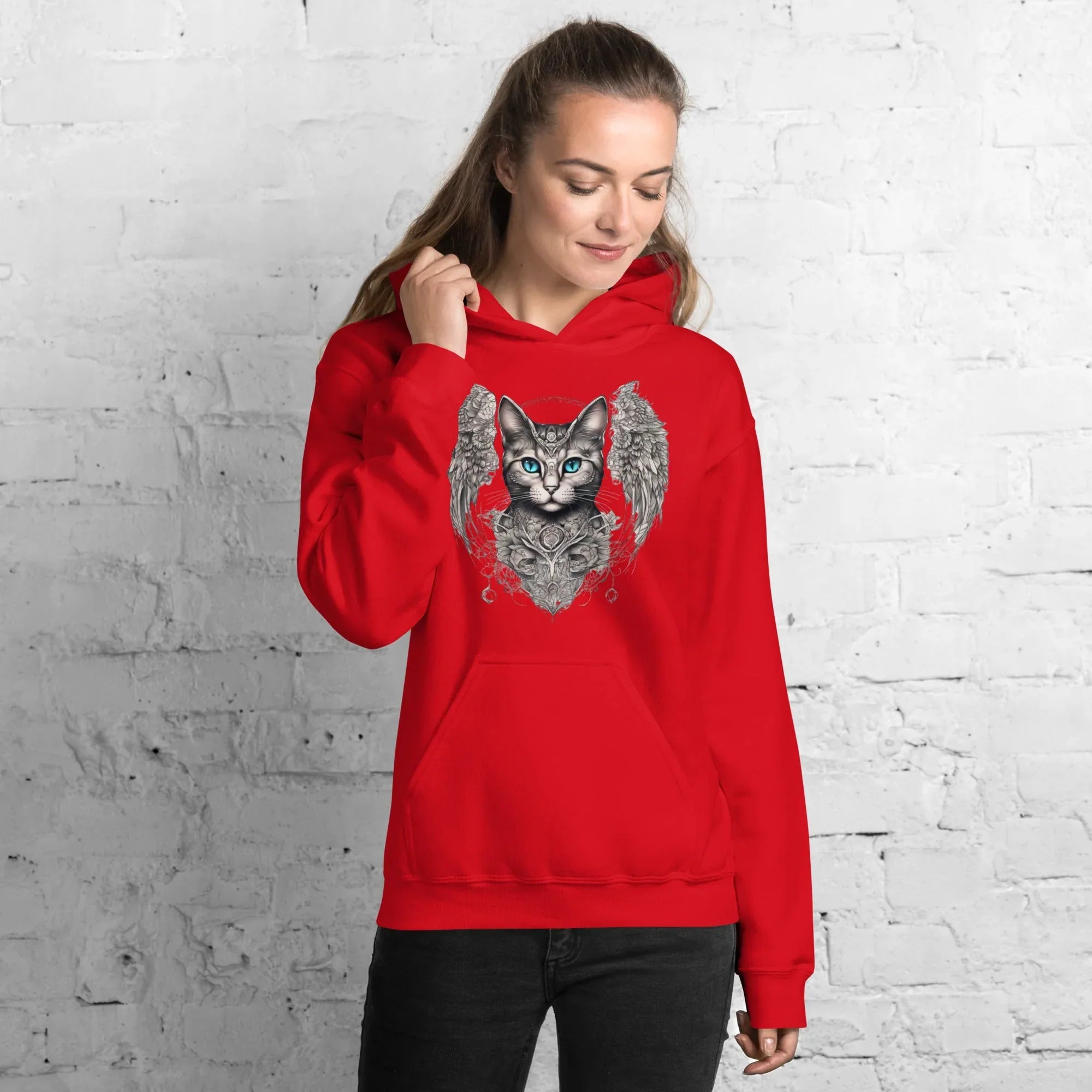 Women's | Cat With Wings Hoodie Red Hoodie AwRans Clothing unisex-heavy-blend-hoodie-red-front-65dbd09d7ba35