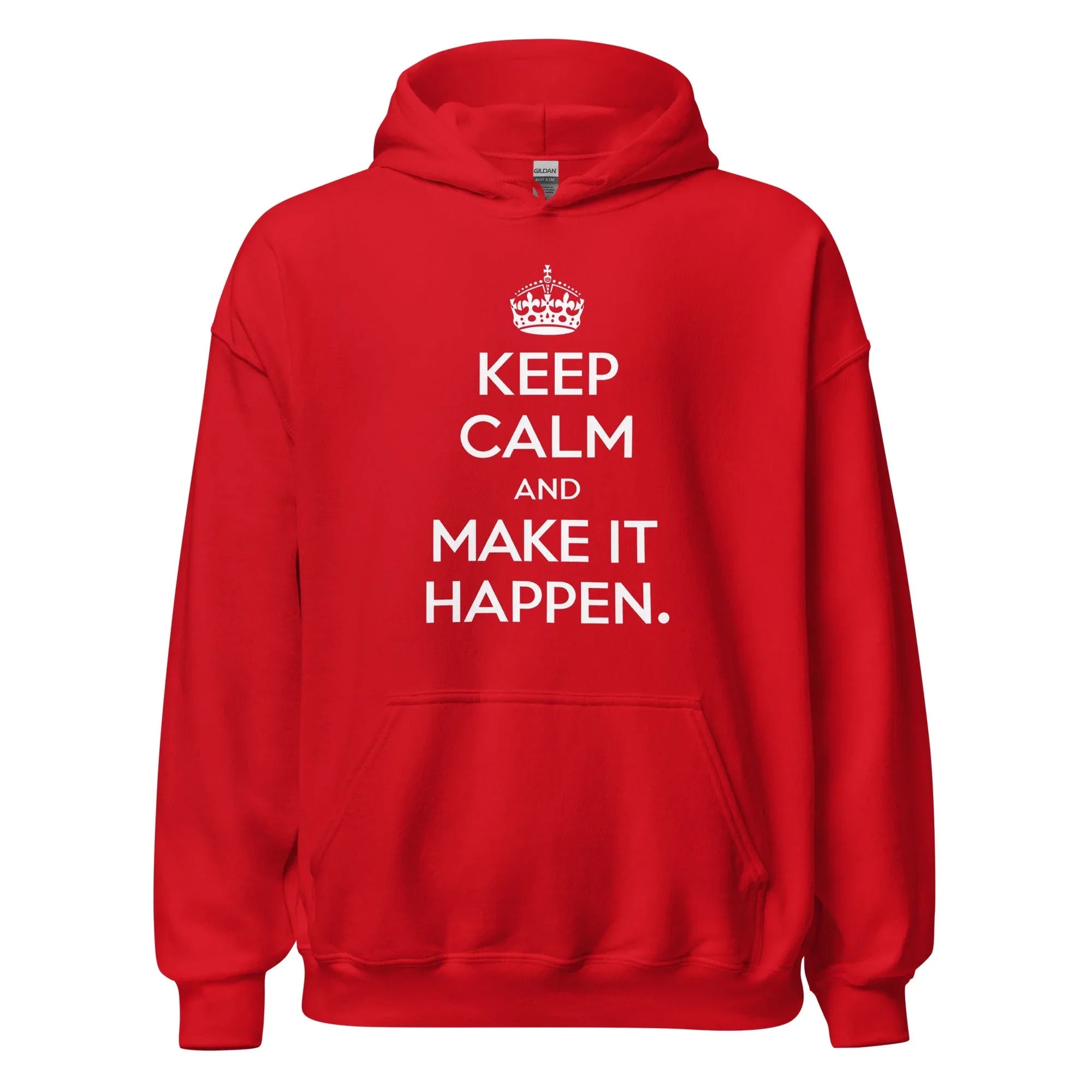 Unisex | Keep Calm And Make It Happen Hoodie Red hoodie AwRans Clothing unisex-heavy-blend-hoodie-red-front-665d35650f351