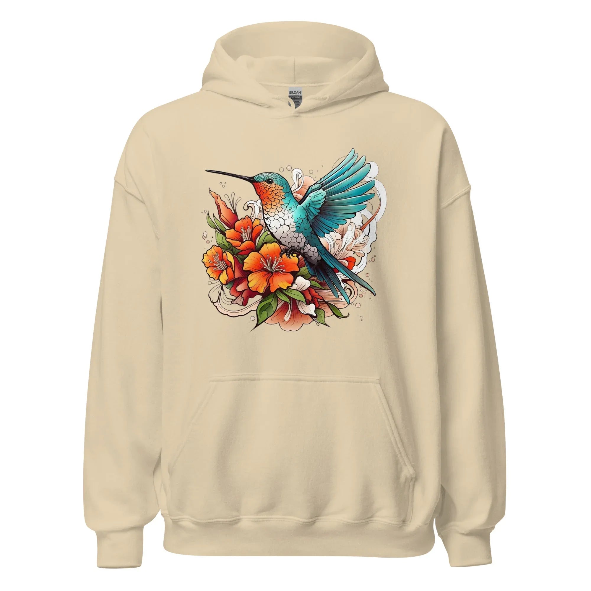 Unisex | Flying Bird With Flowers Hoodie Sand hoodie AwRans Clothing unisex-heavy-blend-hoodie-sand-front-661469302edcf