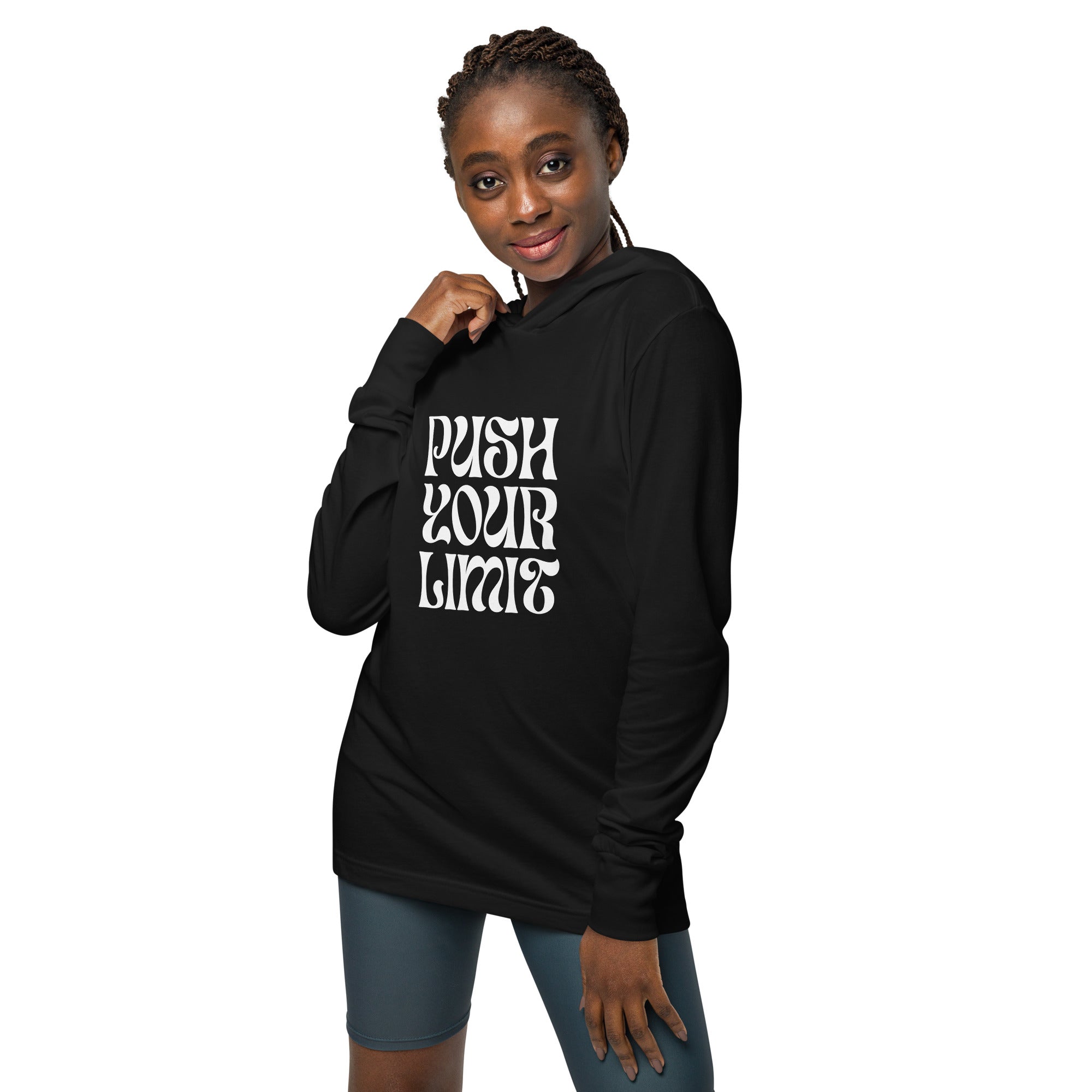 Unisex Hooded Long-Sleeve Tee | Push Your Limits Hooded long-sleeve tee AwRans Clothing unisex-hooded-long-sleeve-tee-black-front-67eb91e1b58d0