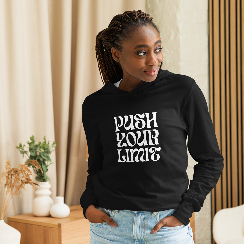 Unisex Hooded Long-Sleeve Tee | Push Your Limits Hooded long-sleeve tee AwRans Clothing unisex-hooded-long-sleeve-tee-black-front-67eb91e1b601d