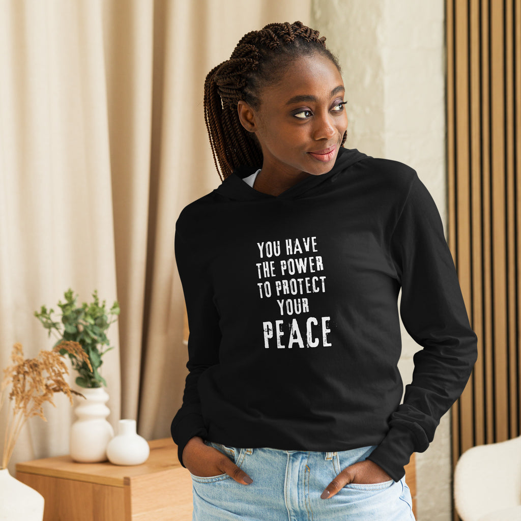 Unisex Hooded Long-Sleeve Tee | You Have The Power To Protect Your Peace Hooded long-sleeve tee AwRans Clothing unisex-hooded-long-sleeve-tee-black-front-67eb958befb77