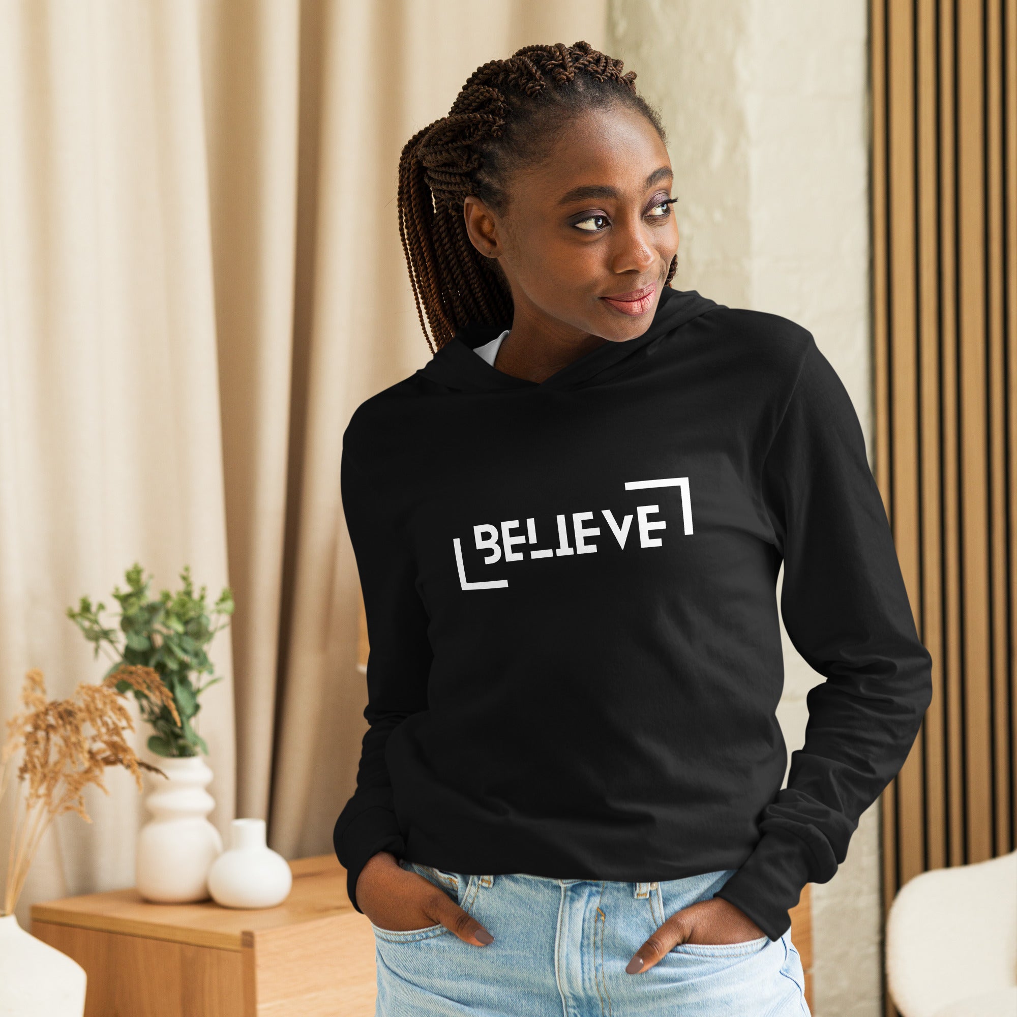 Unisex Hooded Long-Sleeve Tee | Believe Hooded long-sleeve tee AwRans Clothing unisex-hooded-long-sleeve-tee-black-front-67eb9818ab58f