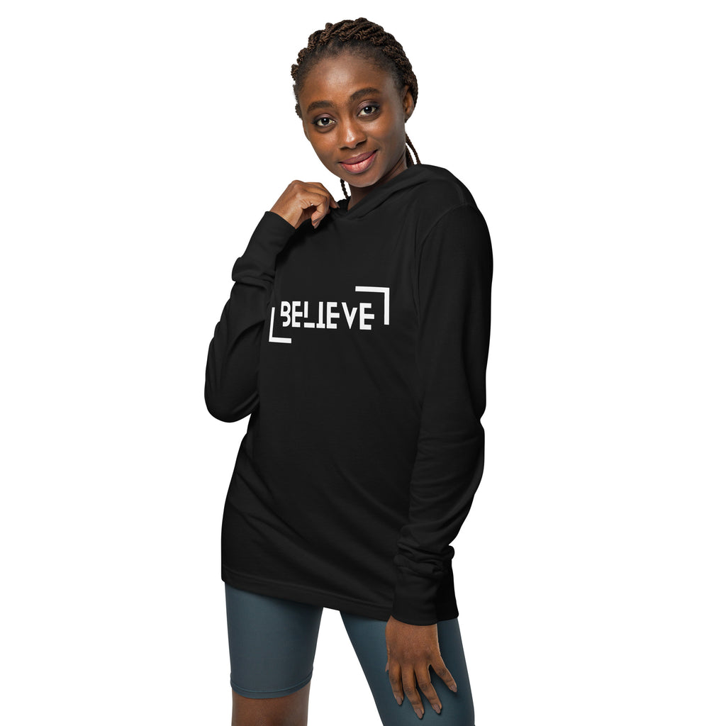 Unisex Hooded Long-Sleeve Tee | Believe Hooded long-sleeve tee AwRans Clothing unisex-hooded-long-sleeve-tee-black-front-67eb9818abc73