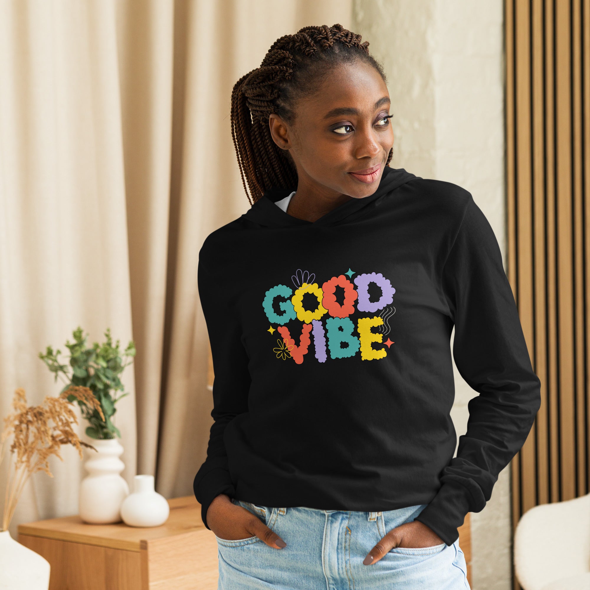 Unisex Hooded Long-Sleeve Tee | Good Vibe Hooded long-sleeve tee AwRans Clothing unisex-hooded-long-sleeve-tee-black-front-67eb9bb8f34cf