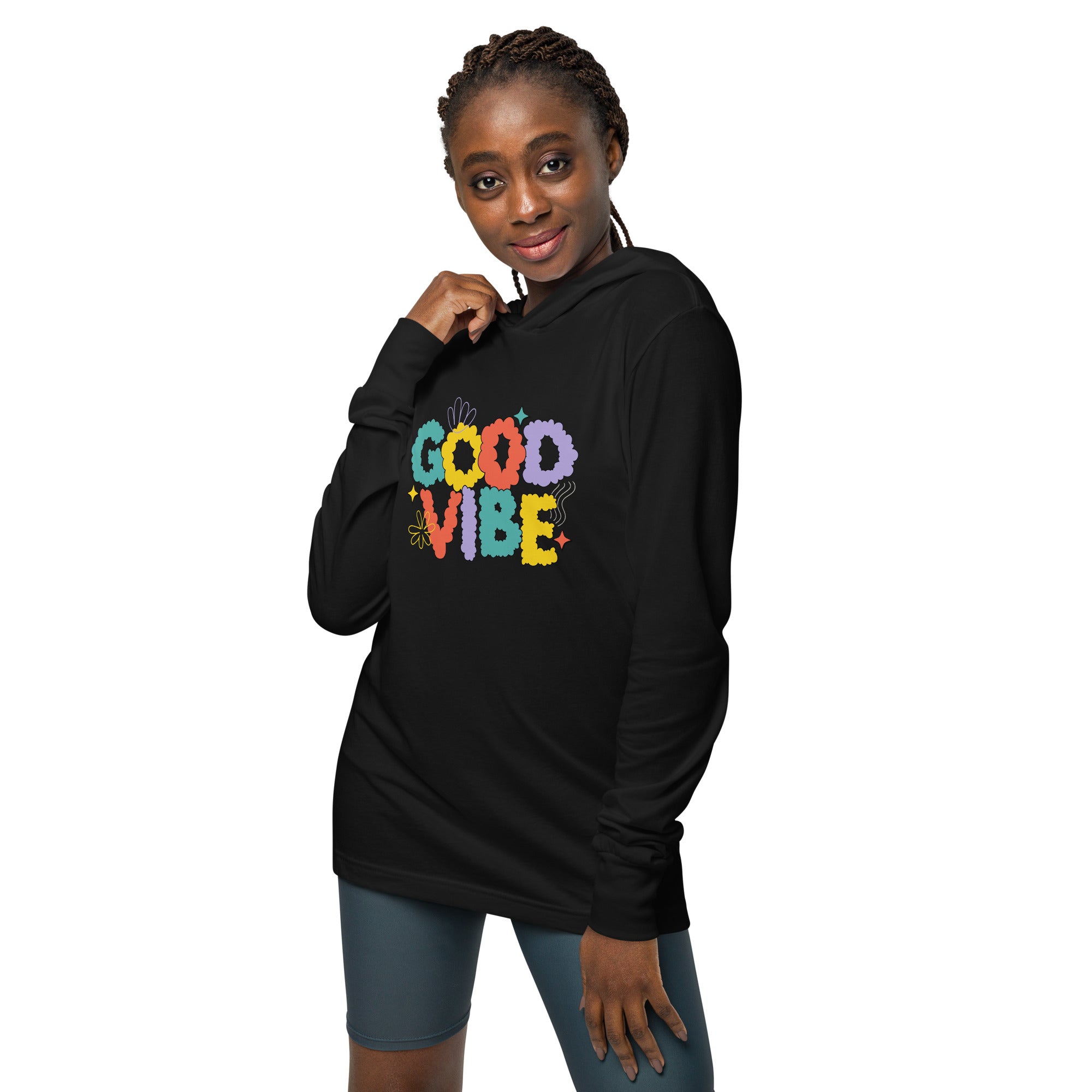 Unisex Hooded Long-Sleeve Tee | Good Vibe Hooded long-sleeve tee AwRans Clothing unisex-hooded-long-sleeve-tee-black-front-67eb9bb8f3b52
