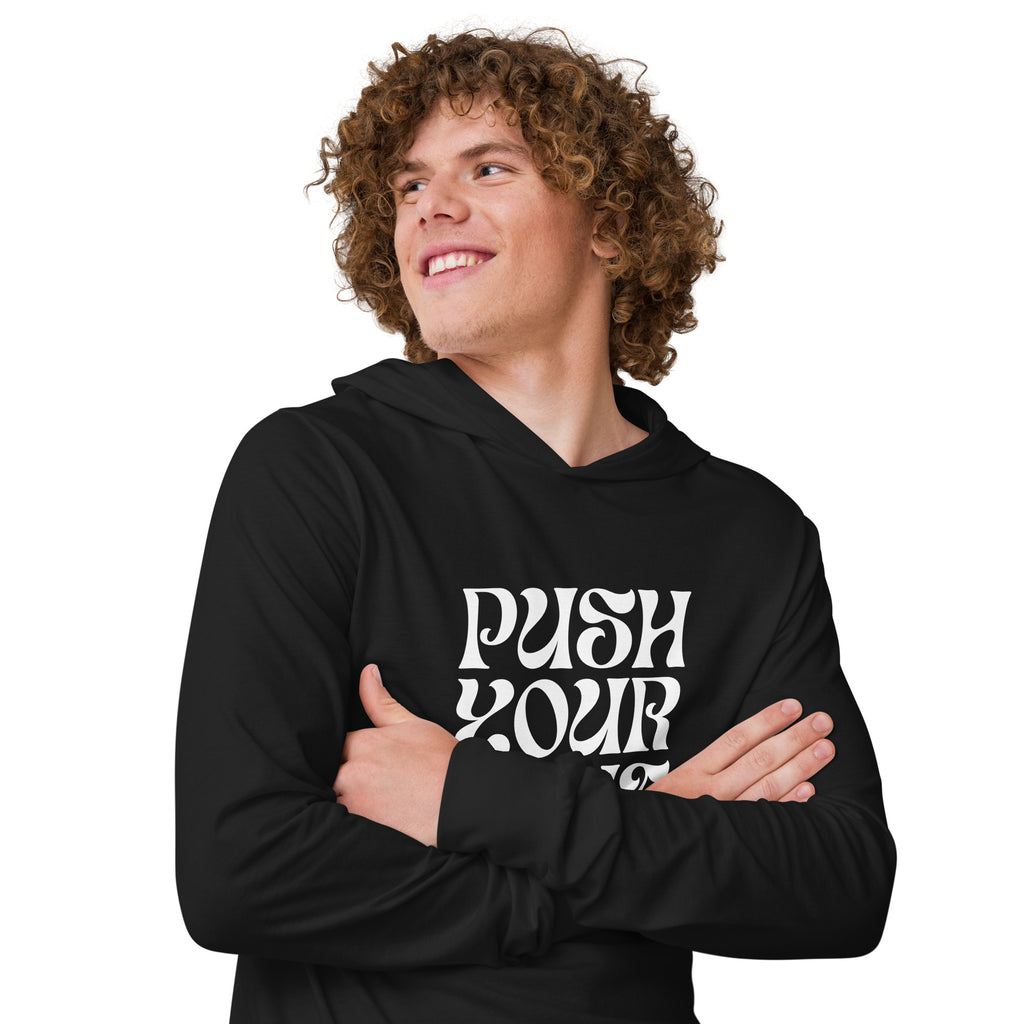 Unisex Hooded Long-Sleeve Tee | Push Your Limits Hooded long-sleeve tee AwRans Clothing unisex-hooded-long-sleeve-tee-black-right-front-67eb91e1b776d