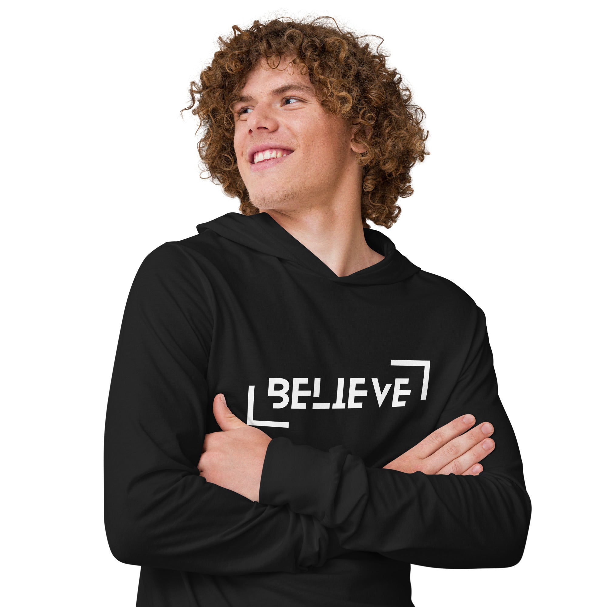 Unisex Hooded Long-Sleeve Tee | Believe Hooded long-sleeve tee AwRans Clothing unisex-hooded-long-sleeve-tee-black-right-front-67eb9818ac2dd