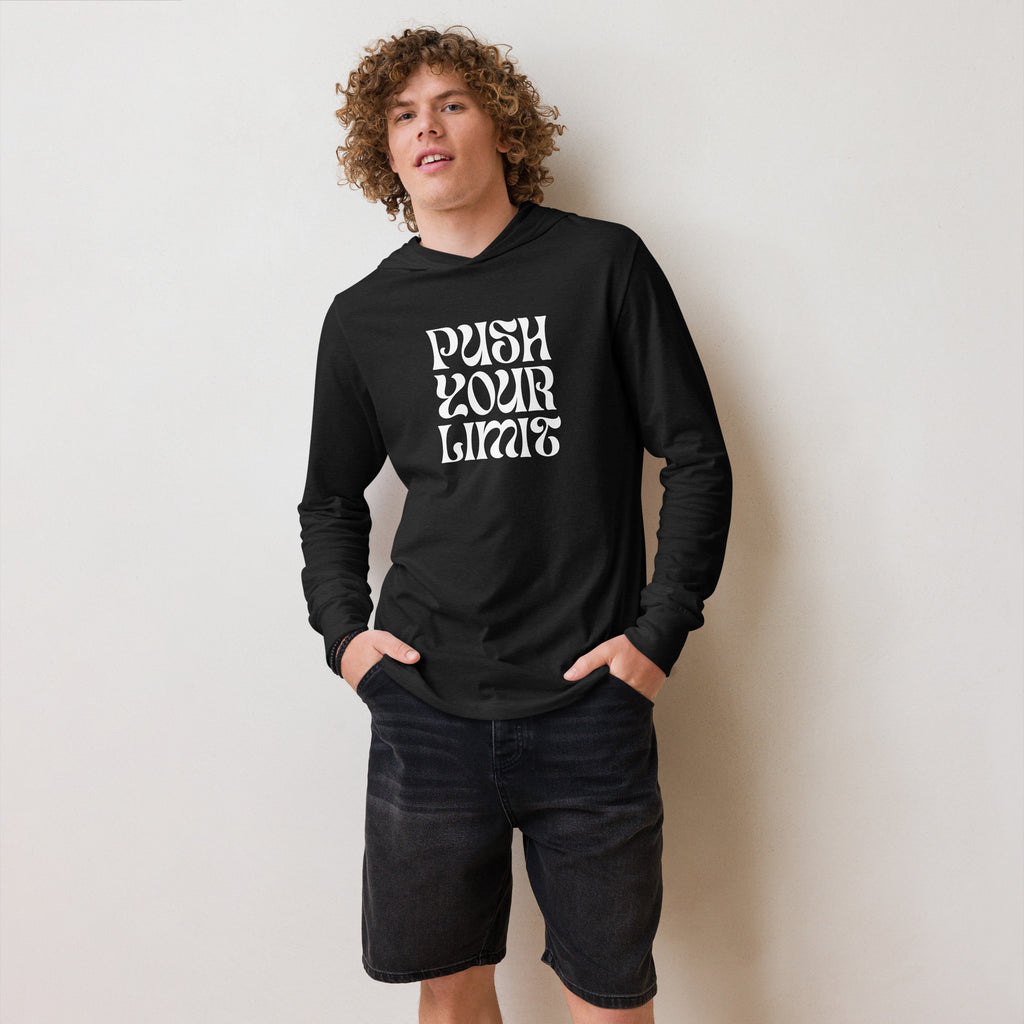 Unisex Hooded Long-Sleeve Tee | Push Your Limits Hooded long-sleeve tee AwRans Clothing unisex-hooded-long-sleeve-tee-charcoal-black-triblend-front-67eb91e1b2b82