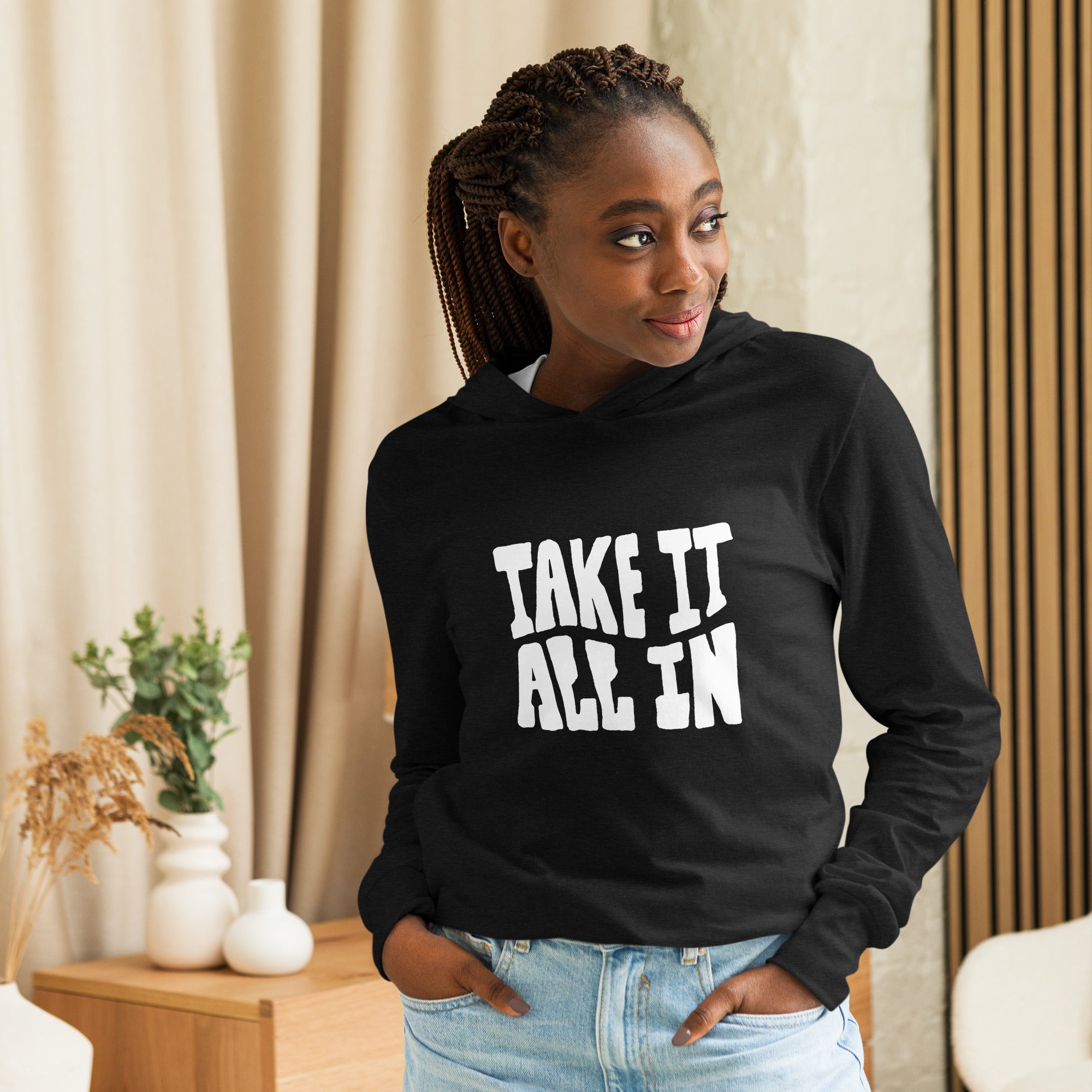 Unisex Hooded Long-Sleeve Tee | Take It All In Hooded long-sleeve tee AwRans Clothing unisex-hooded-long-sleeve-tee-charcoal-black-triblend-front-67eb9421bb800