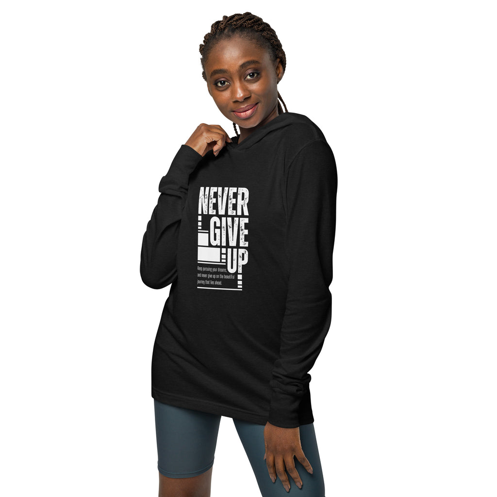 Unisex Hooded Long-Sleeve Tee | Never Give Up Hooded long-sleeve tee AwRans Clothing unisex-hooded-long-sleeve-tee-charcoal-black-triblend-front-67eb96c458ff5