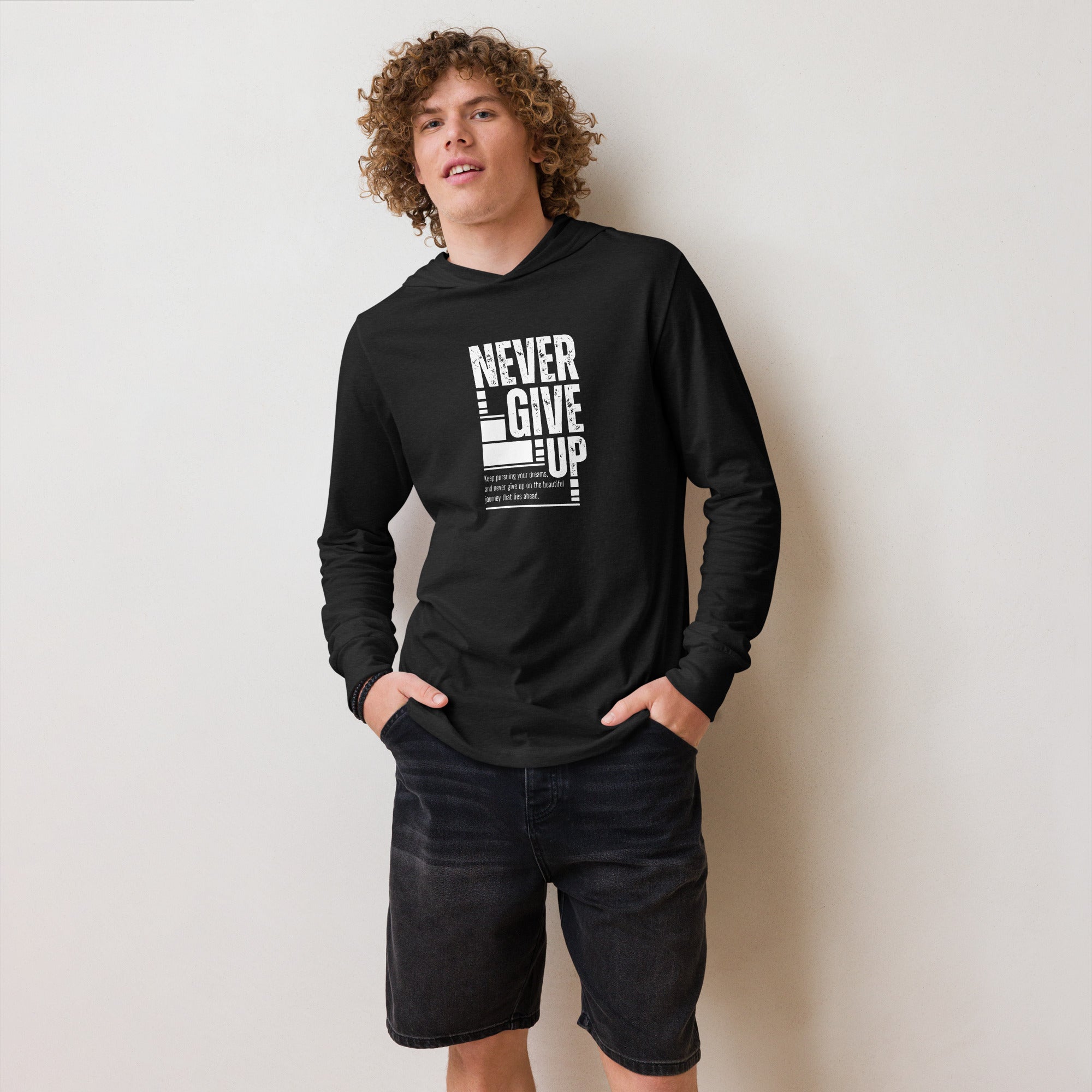 Unisex Hooded Long-Sleeve Tee | Never Give Up Hooded long-sleeve tee AwRans Clothing unisex-hooded-long-sleeve-tee-charcoal-black-triblend-front-67eb96c45994d