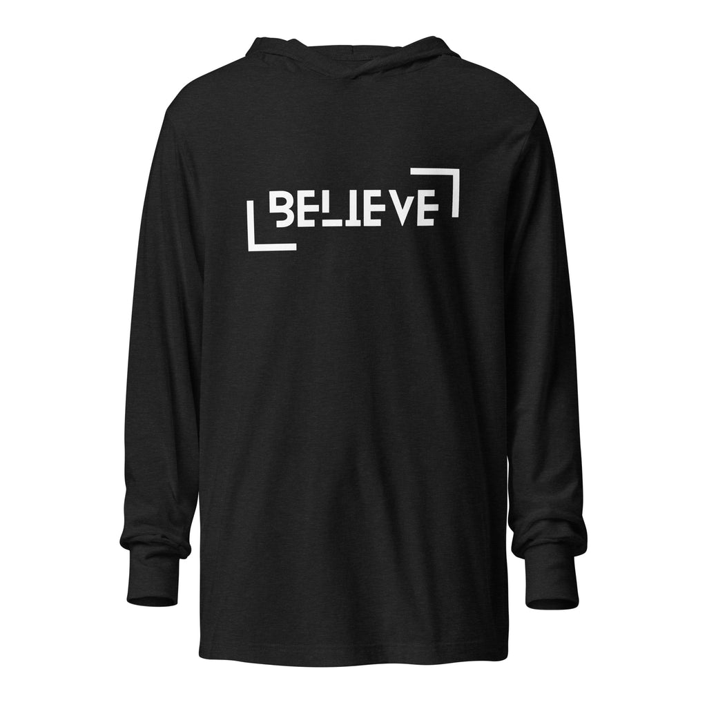 Unisex Hooded Long-Sleeve Tee | Believe Charcoal-Black Triblend Hooded long-sleeve tee AwRans Clothing unisex-hooded-long-sleeve-tee-charcoal-black-triblend-front-67eb9818a55b4