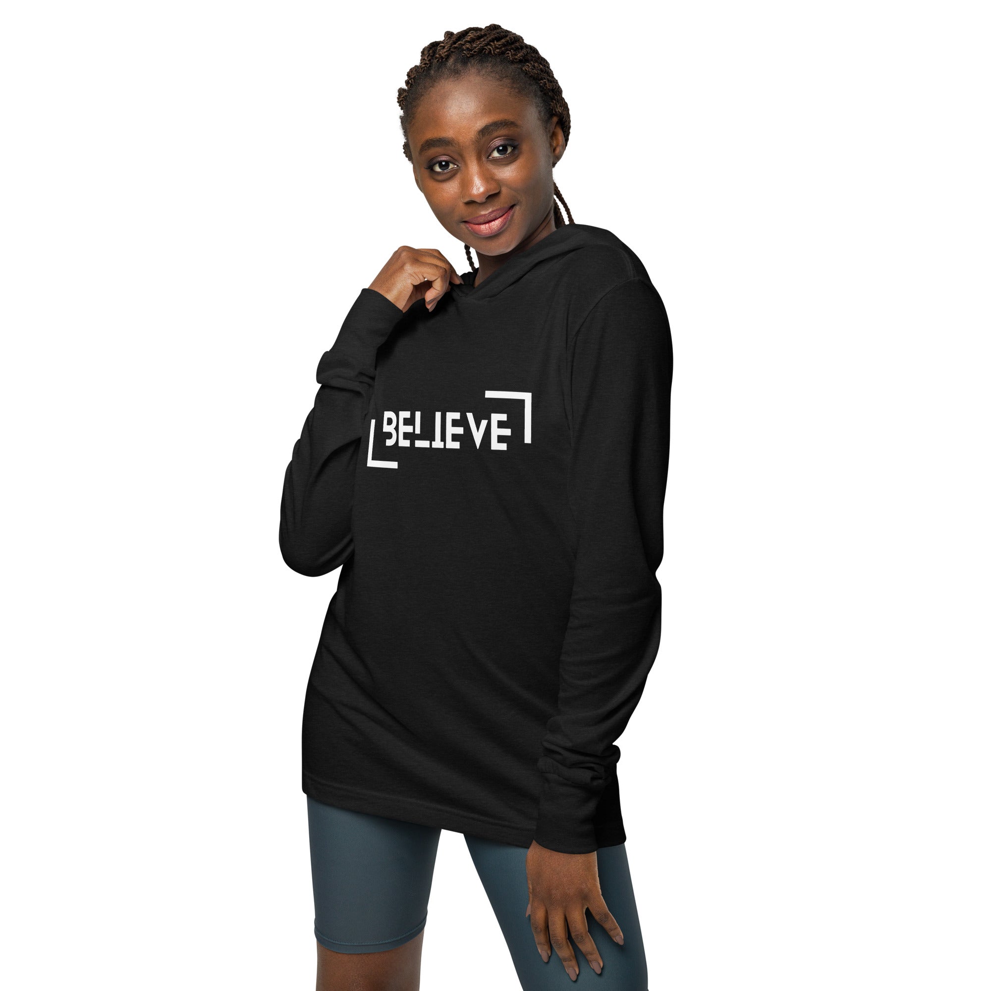 Unisex Hooded Long-Sleeve Tee | Believe Hooded long-sleeve tee AwRans Clothing unisex-hooded-long-sleeve-tee-charcoal-black-triblend-front-67eb9818a81af