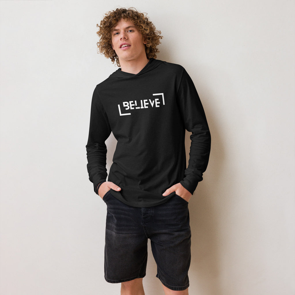 Unisex Hooded Long-Sleeve Tee | Believe Hooded long-sleeve tee AwRans Clothing unisex-hooded-long-sleeve-tee-charcoal-black-triblend-front-67eb9818a8cc4