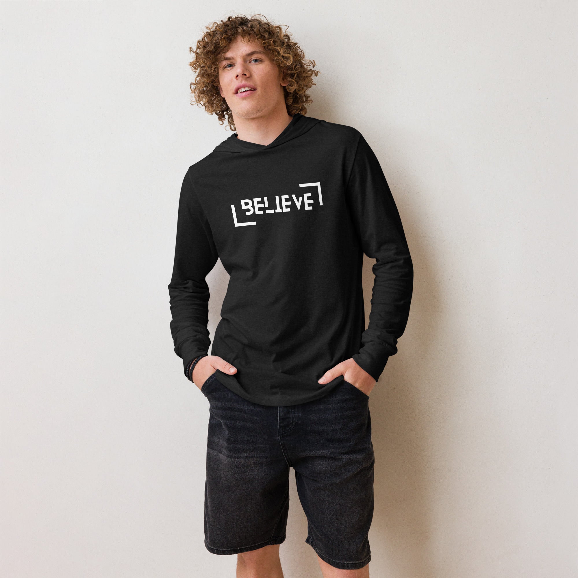 Unisex Hooded Long-Sleeve Tee | Believe Hooded long-sleeve tee AwRans Clothing unisex-hooded-long-sleeve-tee-charcoal-black-triblend-front-67eb9818a8cc4