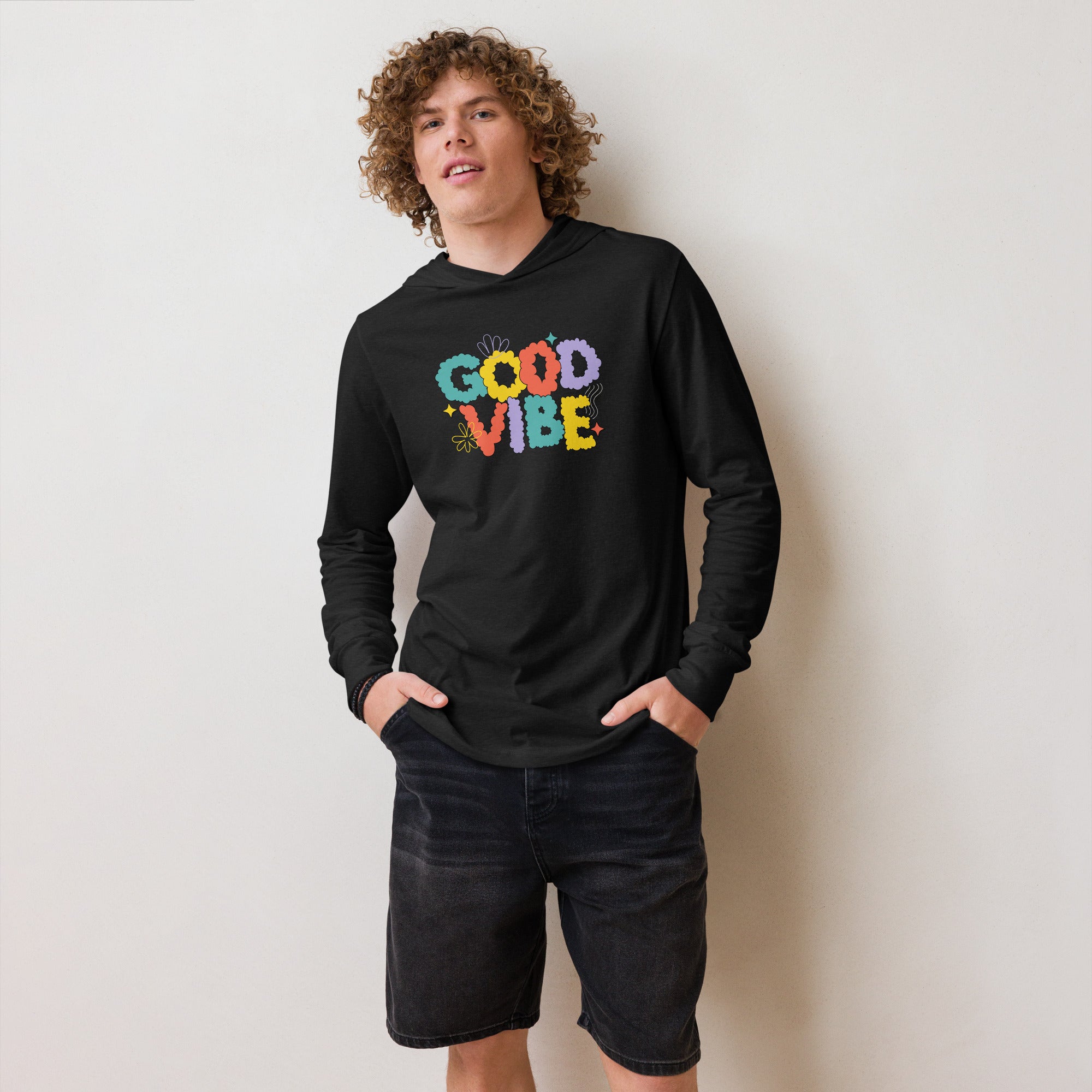 Unisex Hooded Long-Sleeve Tee | Good Vibe Hooded long-sleeve tee AwRans Clothing unisex-hooded-long-sleeve-tee-charcoal-black-triblend-front-67eb9bb8f0db7
