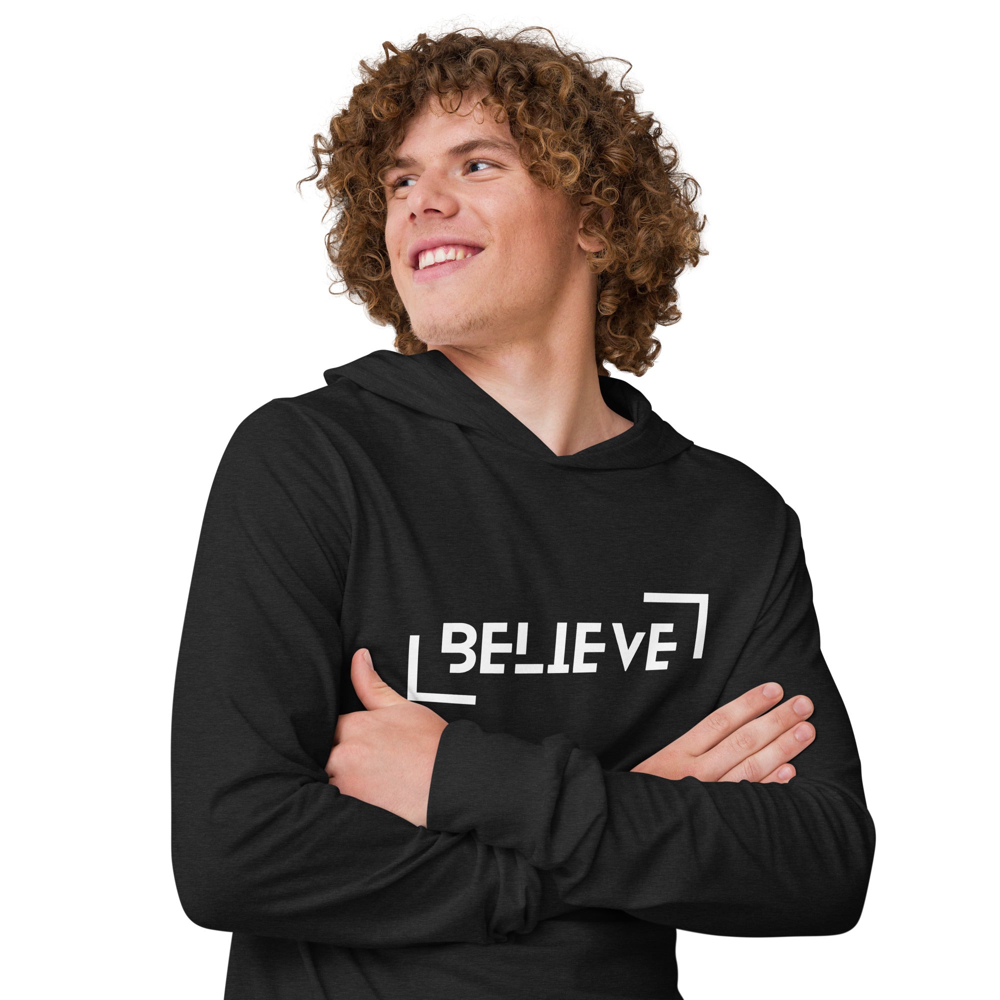 Unisex Hooded Long-Sleeve Tee | Believe Hooded long-sleeve tee AwRans Clothing unisex-hooded-long-sleeve-tee-charcoal-black-triblend-right-front-67eb9818a87d8