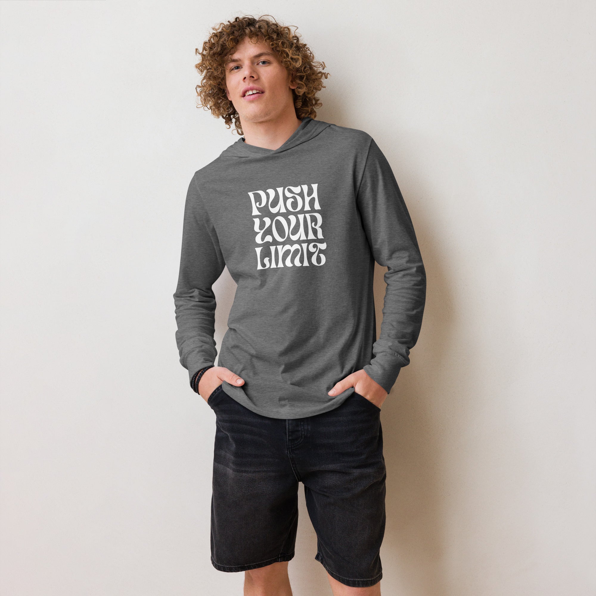 Unisex Hooded Long-Sleeve Tee | Push Your Limits Hooded long-sleeve tee AwRans Clothing unisex-hooded-long-sleeve-tee-grey-triblend-front-67eb91e1c2f6a