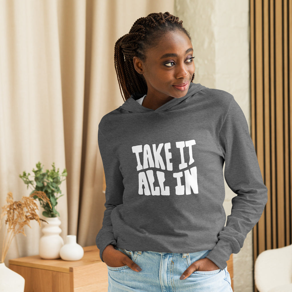 Unisex Hooded Long-Sleeve Tee | Take It All In Hooded long-sleeve tee AwRans Clothing unisex-hooded-long-sleeve-tee-grey-triblend-front-67eb9421c92d0