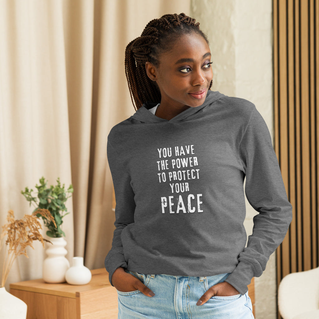 Unisex Hooded Long-Sleeve Tee | You Have The Power To Protect Your Peace Hooded long-sleeve tee AwRans Clothing unisex-hooded-long-sleeve-tee-grey-triblend-front-67eb958c088a9