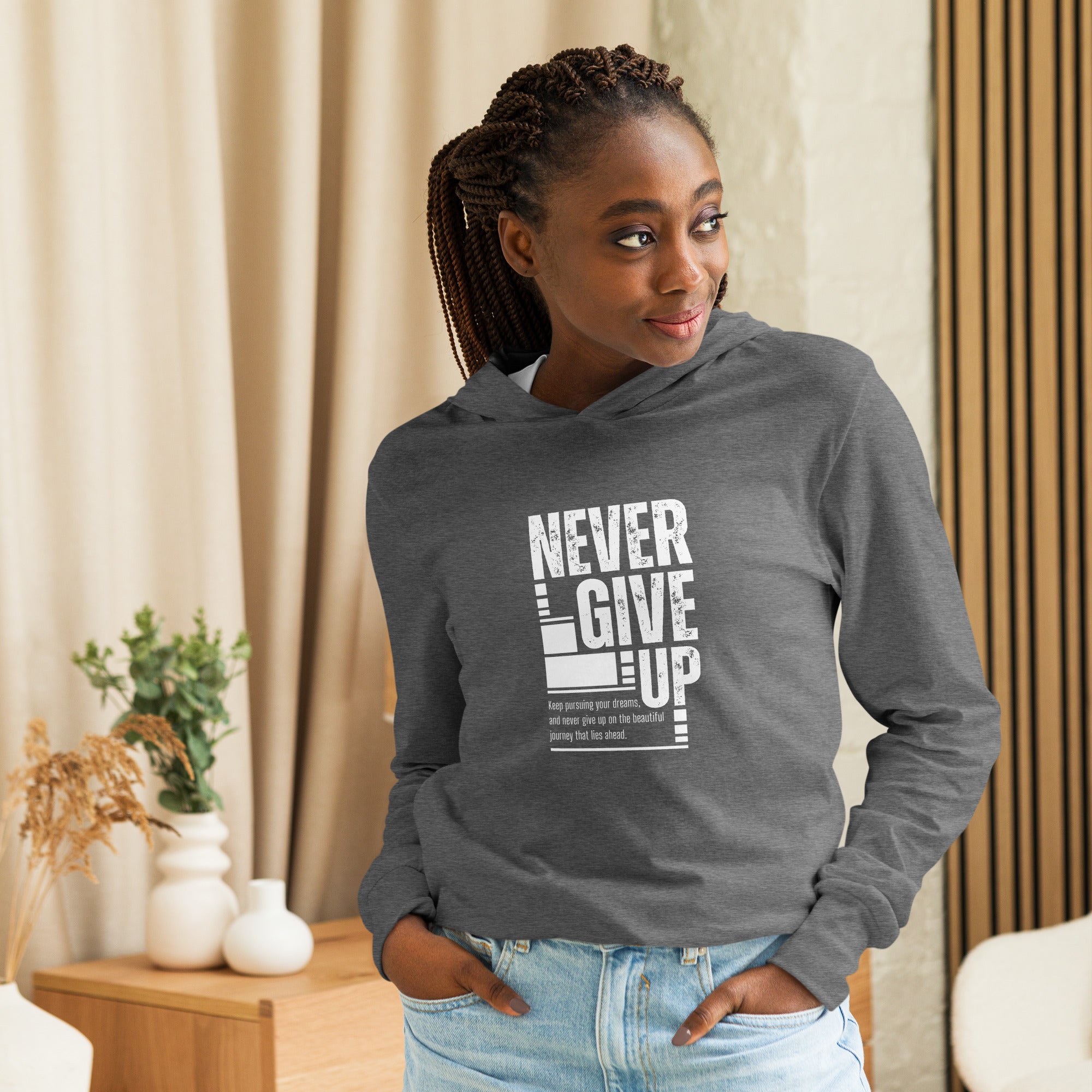 Unisex Hooded Long-Sleeve Tee | Never Give Up Hooded long-sleeve tee AwRans Clothing unisex-hooded-long-sleeve-tee-grey-triblend-front-67eb96c466e61