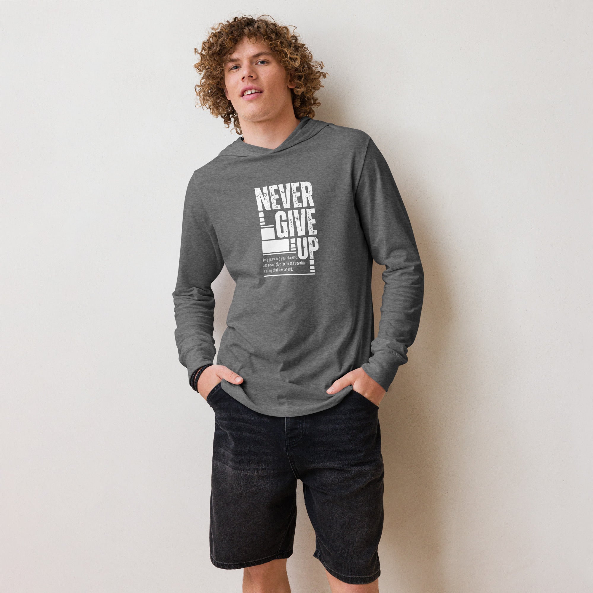 Unisex Hooded Long-Sleeve Tee | Never Give Up Hooded long-sleeve tee AwRans Clothing unisex-hooded-long-sleeve-tee-grey-triblend-front-67eb96c468ee1
