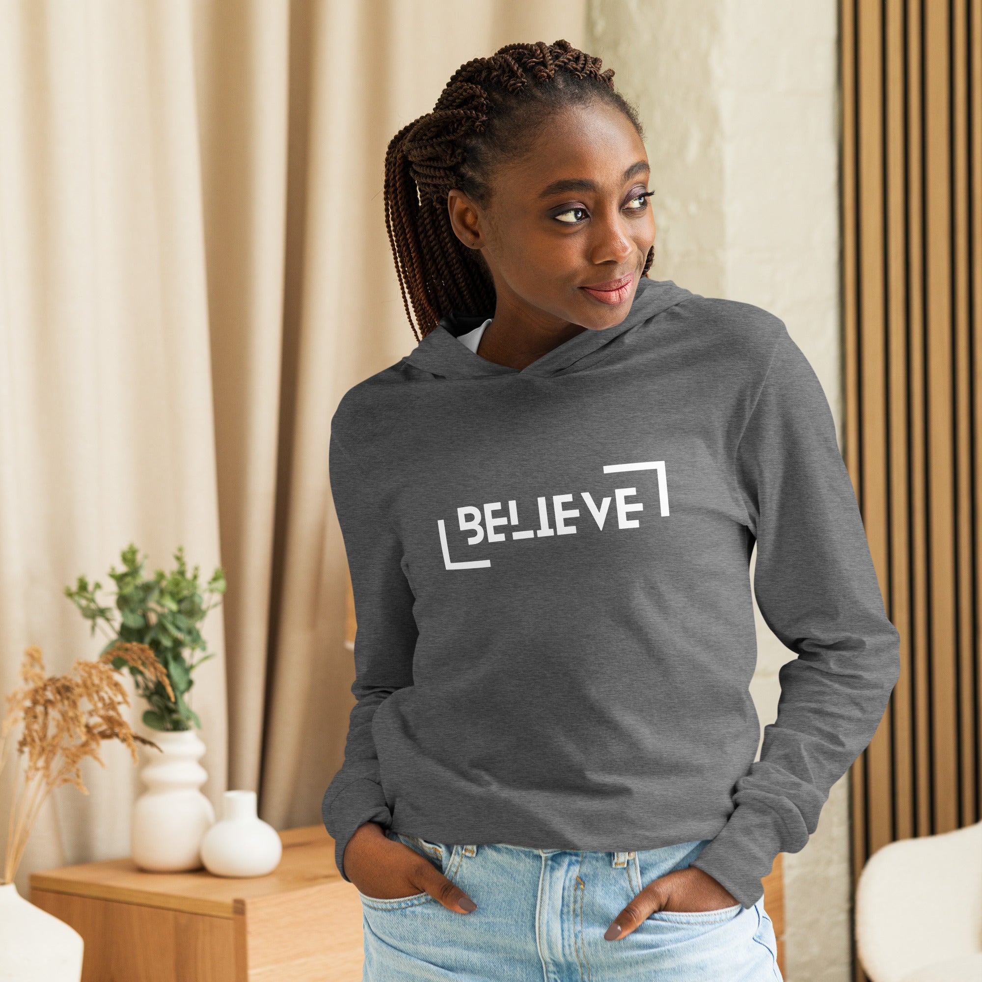 Unisex Hooded Long-Sleeve Tee | Believe Hooded long-sleeve tee AwRans Clothing unisex-hooded-long-sleeve-tee-grey-triblend-front-67eb9818b6c56