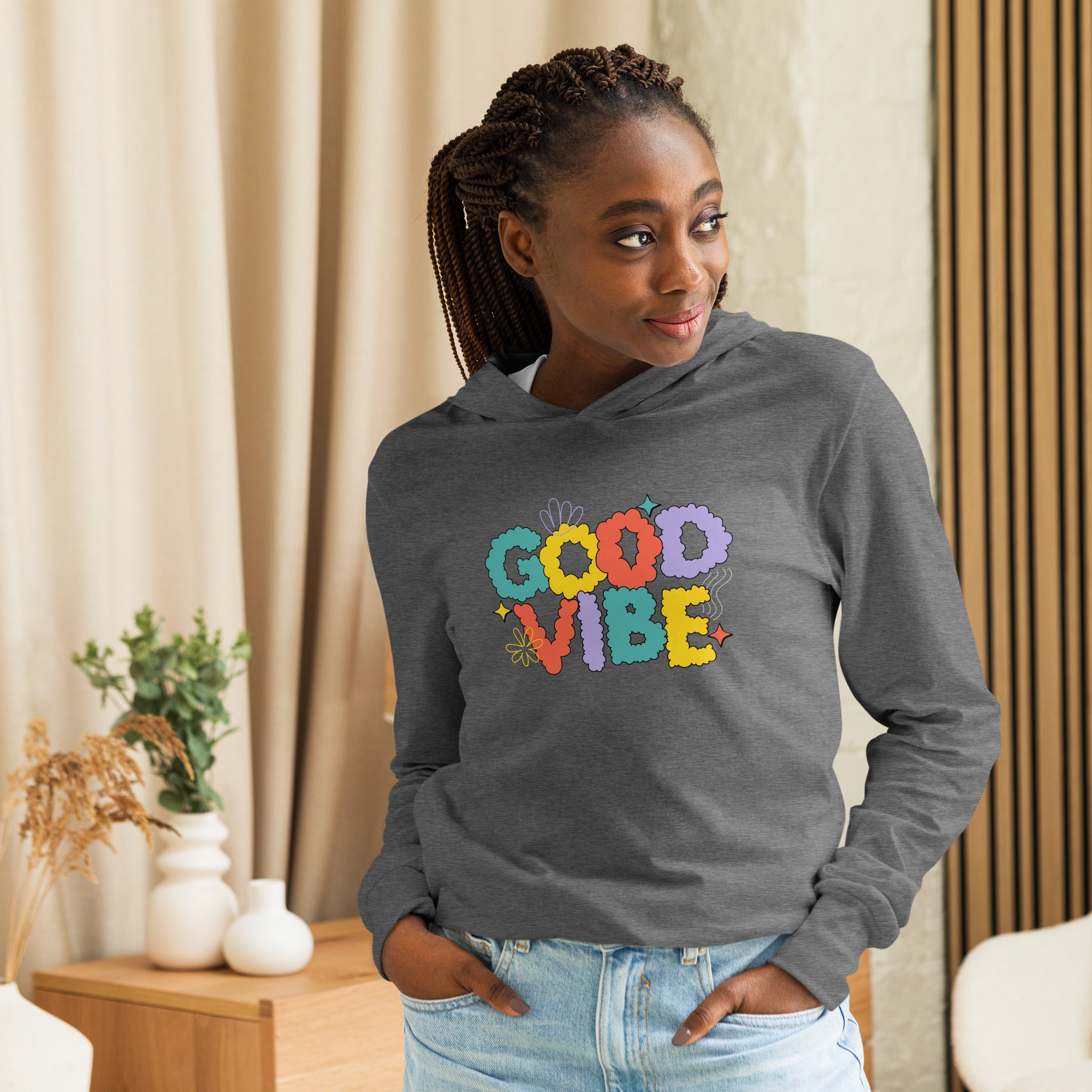 Unisex Hooded Long-Sleeve Tee | Good Vibe Hooded long-sleeve tee AwRans Clothing unisex-hooded-long-sleeve-tee-grey-triblend-front-67eb9bb909dfb
