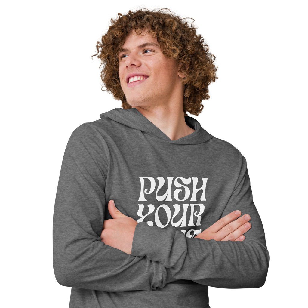 Unisex Hooded Long-Sleeve Tee | Push Your Limits Hooded long-sleeve tee AwRans Clothing unisex-hooded-long-sleeve-tee-grey-triblend-right-front-67eb91e1c25ae
