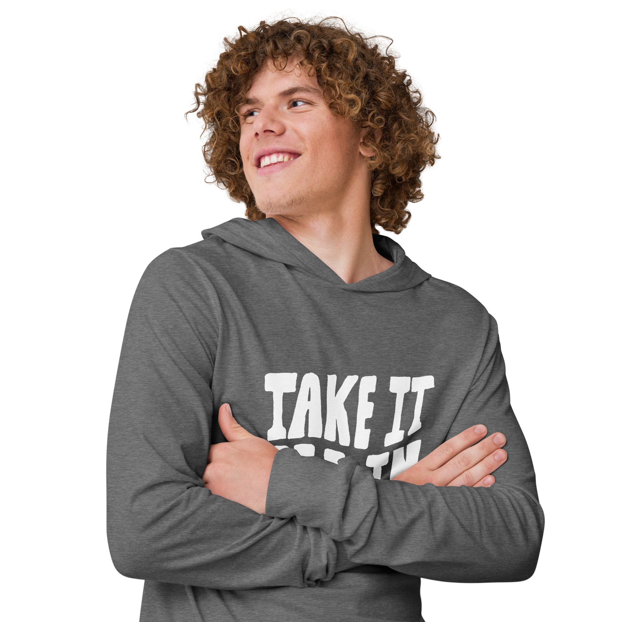 Unisex Hooded Long-Sleeve Tee | Take It All In Hooded long-sleeve tee AwRans Clothing unisex-hooded-long-sleeve-tee-grey-triblend-right-front-67eb9421ca75c