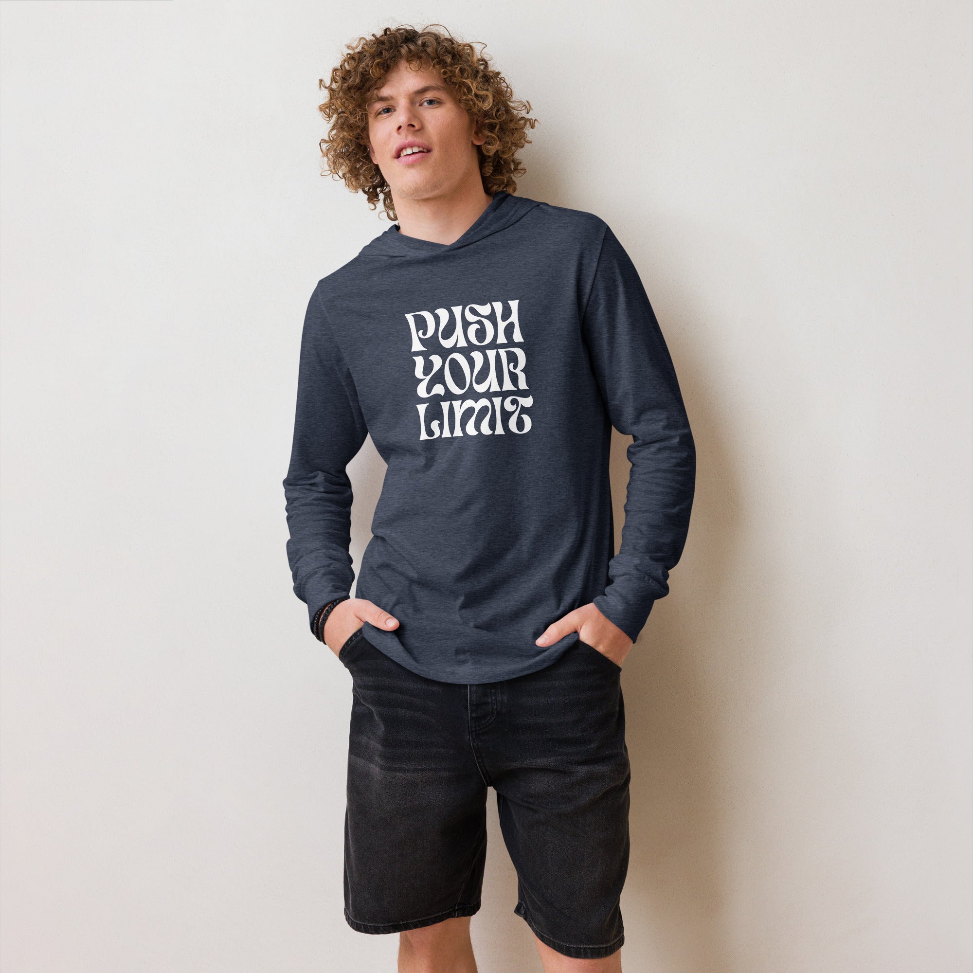 Unisex Hooded Long-Sleeve Tee | Push Your Limits Hooded long-sleeve tee AwRans Clothing unisex-hooded-long-sleeve-tee-heather-navy-front-67eb91e1bb96f