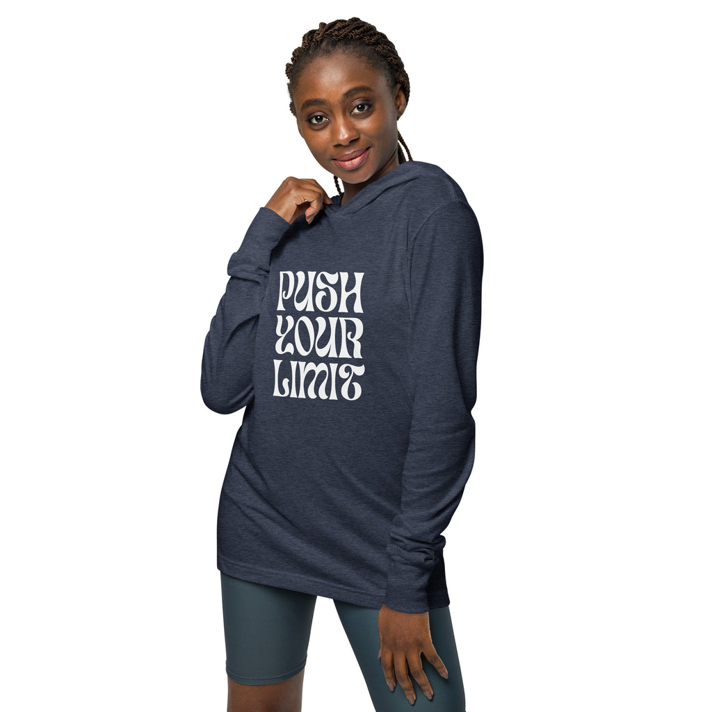 Unisex Hooded Long-Sleeve Tee | Push Your Limits Hooded long-sleeve tee AwRans Clothing unisex-hooded-long-sleeve-tee-heather-navy-front-67eb91e1bdd83