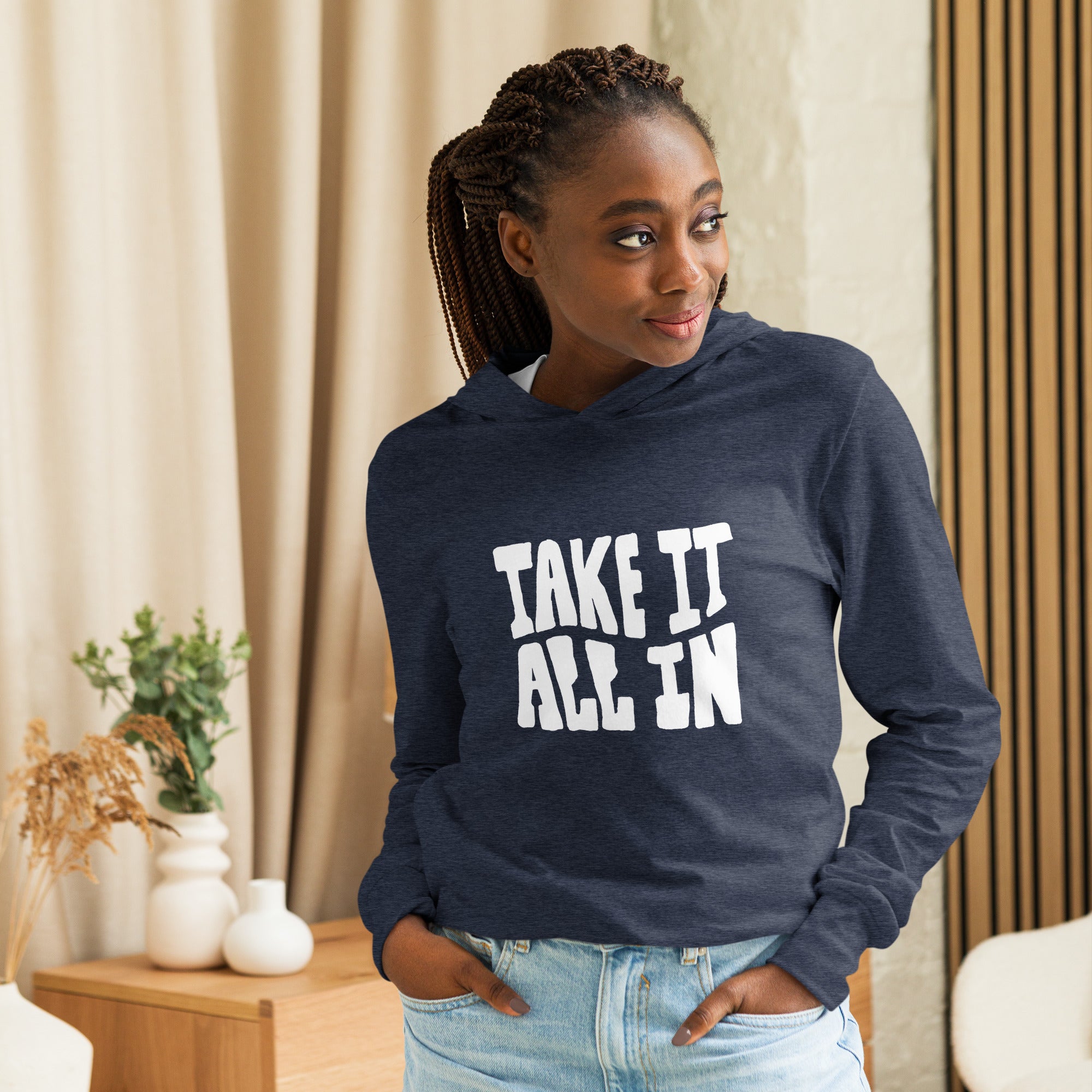 Unisex Hooded Long-Sleeve Tee | Take It All In Hooded long-sleeve tee AwRans Clothing unisex-hooded-long-sleeve-tee-heather-navy-front-67eb9421c366b