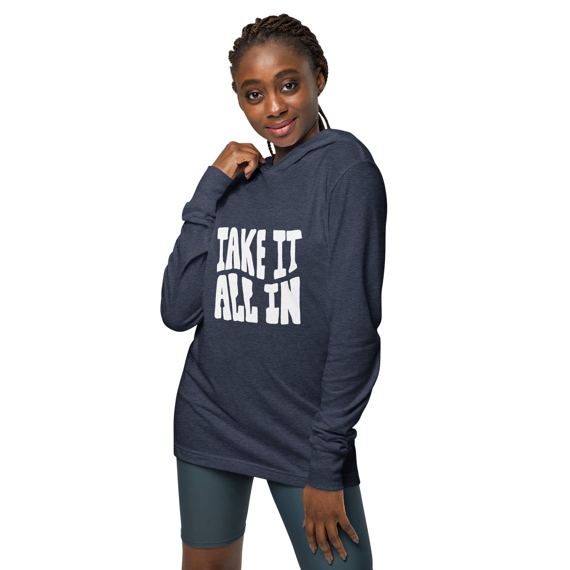 Unisex Hooded Long-Sleeve Tee | Take It All In Hooded long-sleeve tee AwRans Clothing unisex-hooded-long-sleeve-tee-heather-navy-front-67eb9421c3eb0