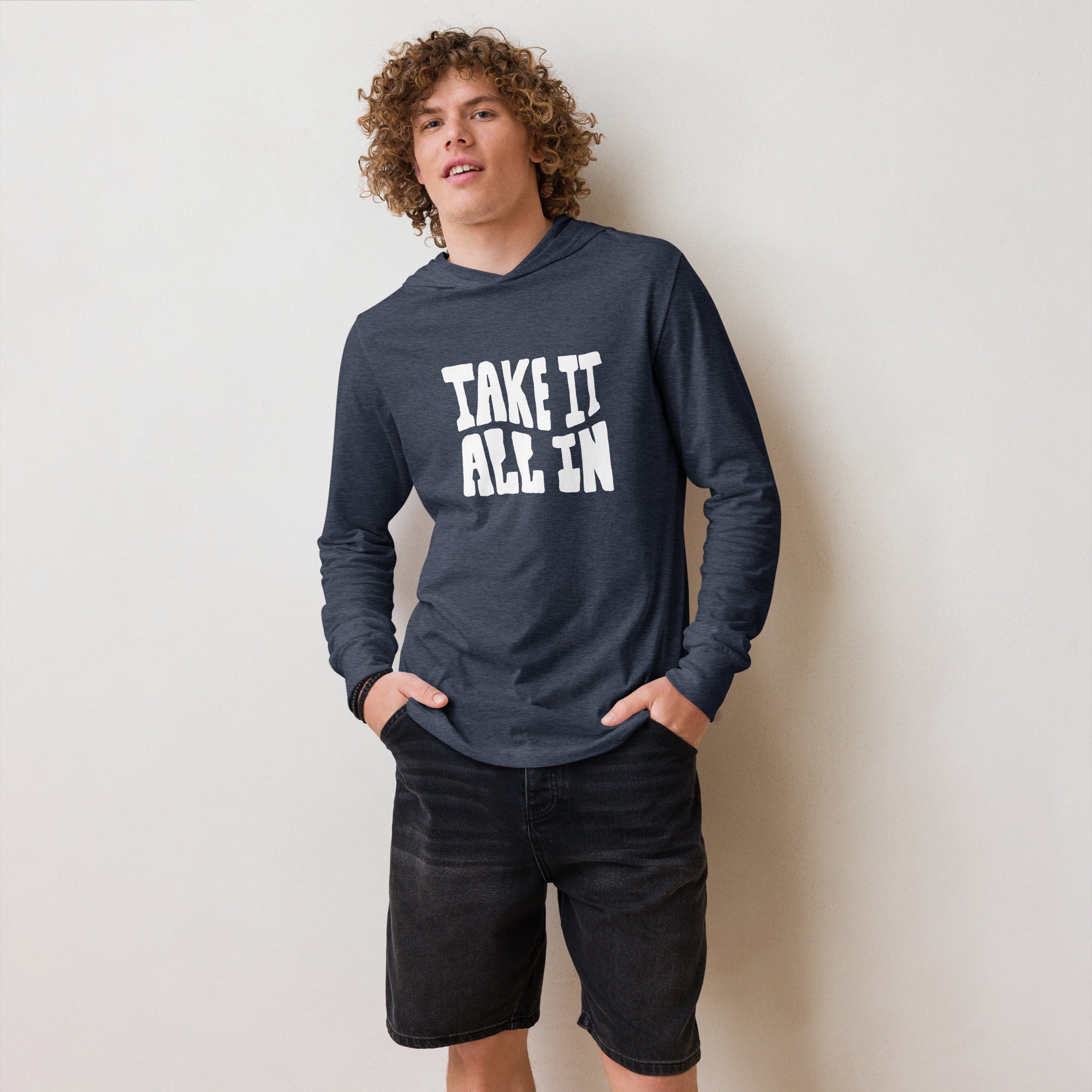 Unisex Hooded Long-Sleeve Tee | Take It All In Hooded long-sleeve tee AwRans Clothing unisex-hooded-long-sleeve-tee-heather-navy-front-67eb9421c4f3b