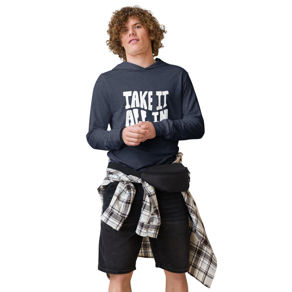 Unisex Hooded Long-Sleeve Tee | Take It All In Hooded long-sleeve tee AwRans Clothing unisex-hooded-long-sleeve-tee-heather-navy-front-67eb9421c5809