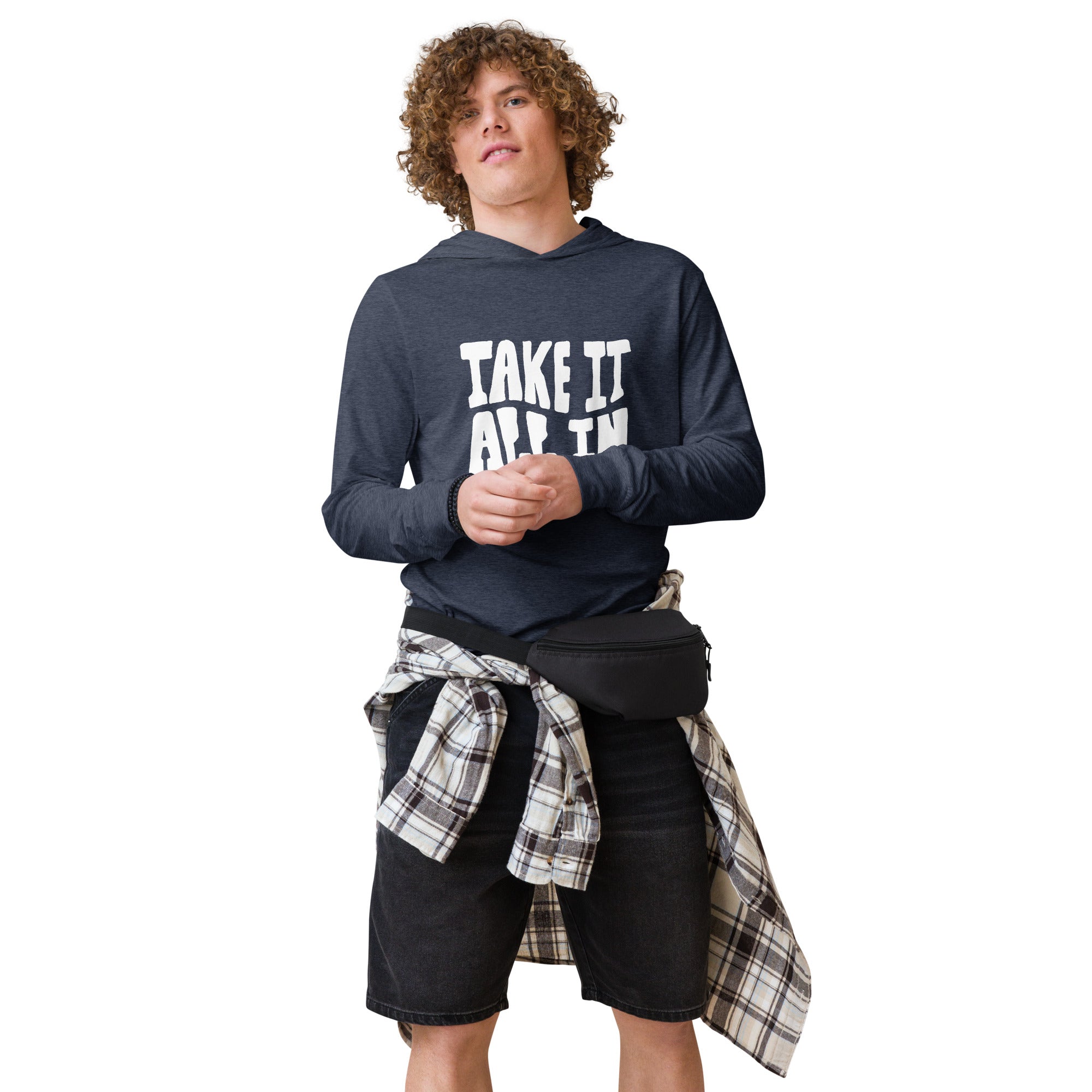Unisex Hooded Long-Sleeve Tee | Take It All In Hooded long-sleeve tee AwRans Clothing unisex-hooded-long-sleeve-tee-heather-navy-front-67eb9421c5809