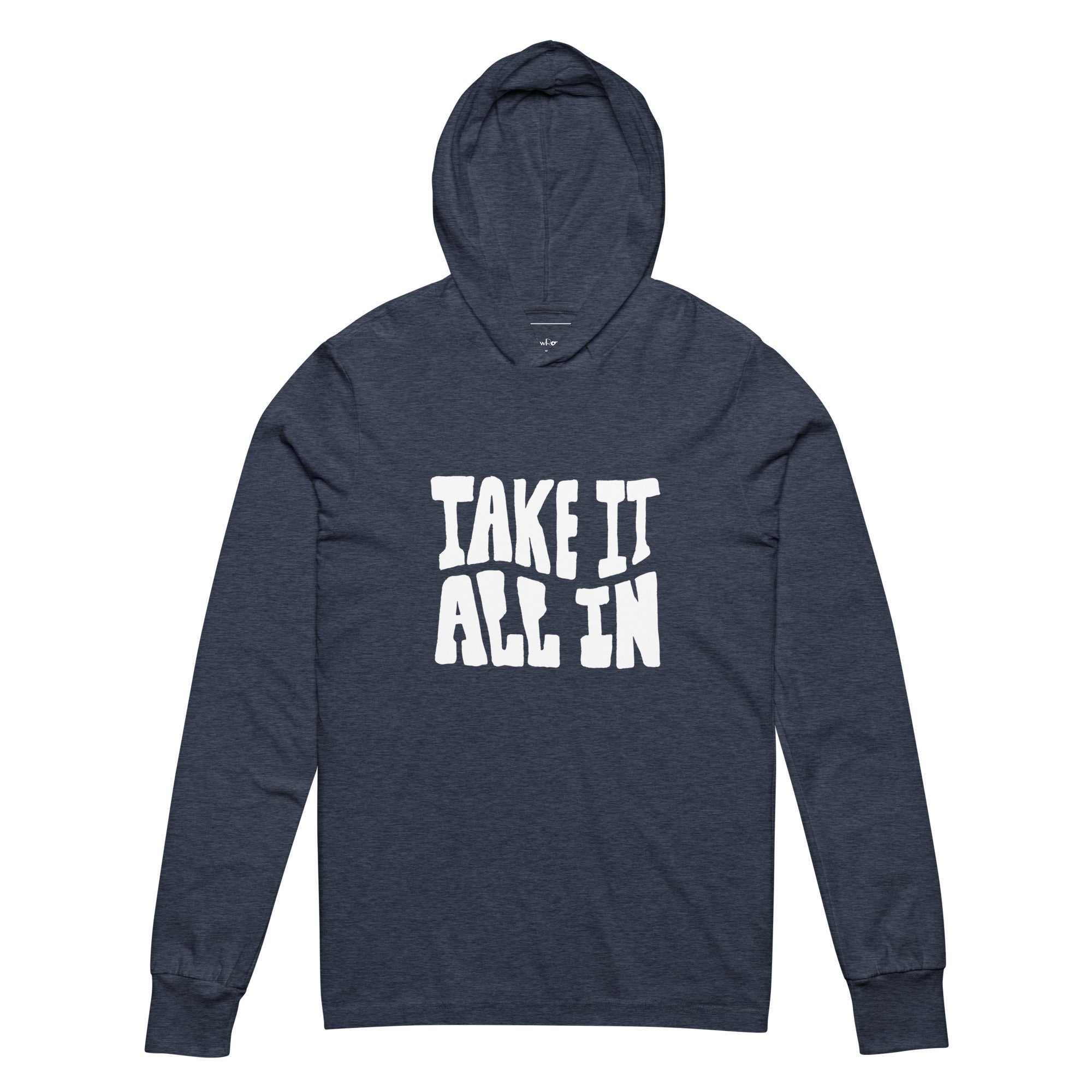 Unisex Hooded Long-Sleeve Tee | Take It All In Hooded long-sleeve tee AwRans Clothing unisex-hooded-long-sleeve-tee-heather-navy-front-67eb9421c6042