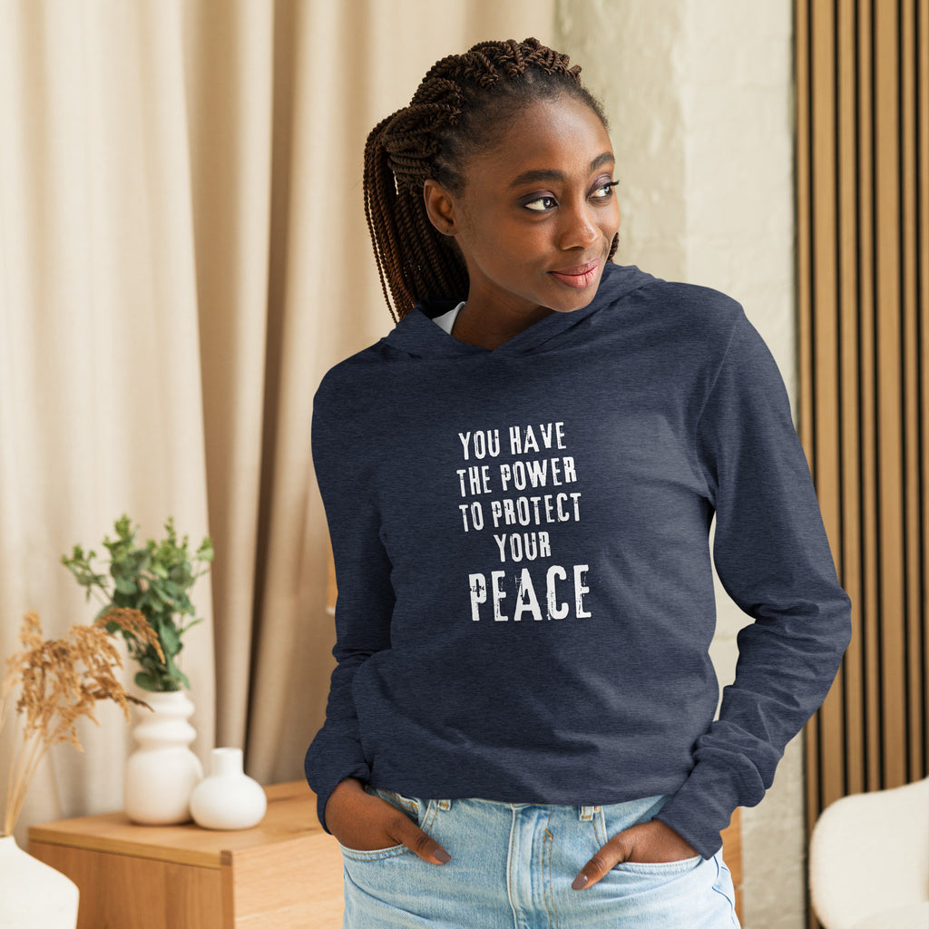 Unisex Hooded Long-Sleeve Tee | You Have The Power To Protect Your Peace Hooded long-sleeve tee AwRans Clothing unisex-hooded-long-sleeve-tee-heather-navy-front-67eb958c00d5e