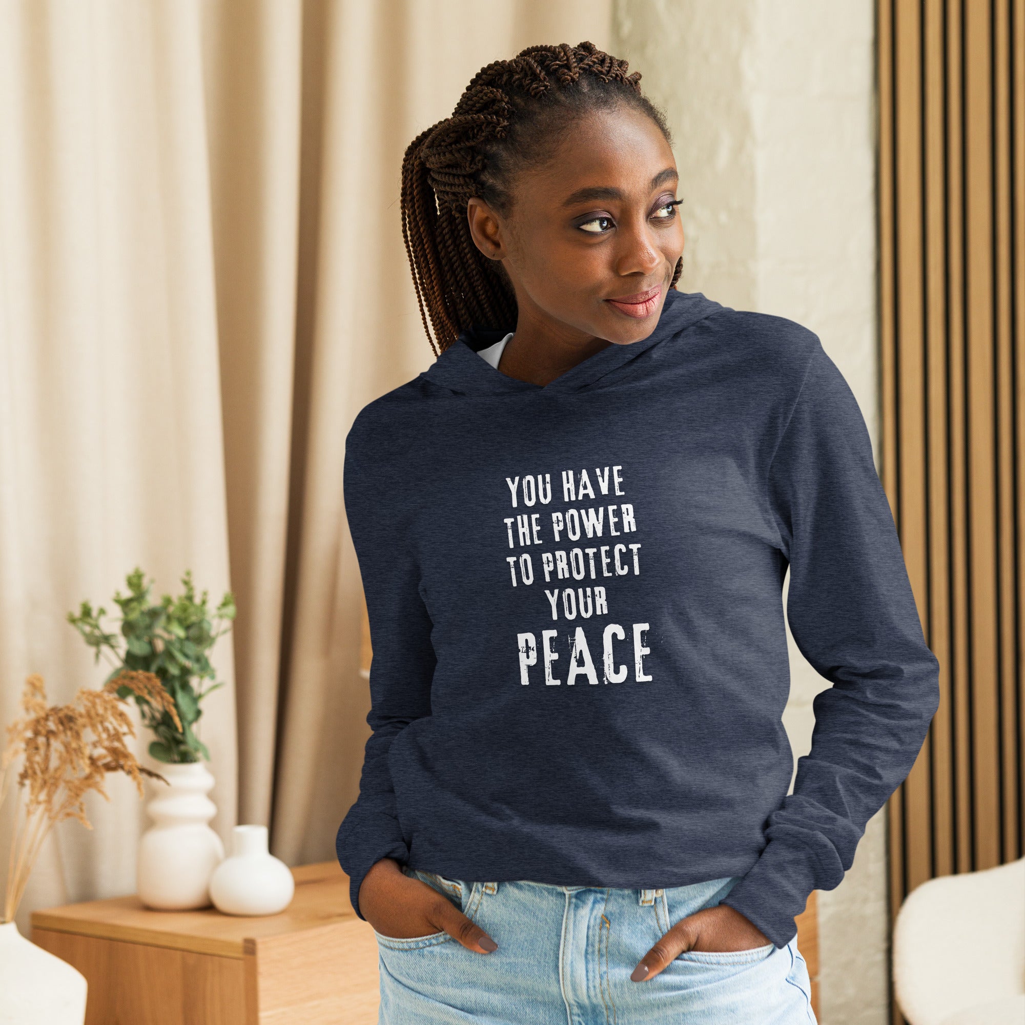 Unisex Hooded Long-Sleeve Tee | You Have The Power To Protect Your Peace Hooded long-sleeve tee AwRans Clothing unisex-hooded-long-sleeve-tee-heather-navy-front-67eb958c00d5e