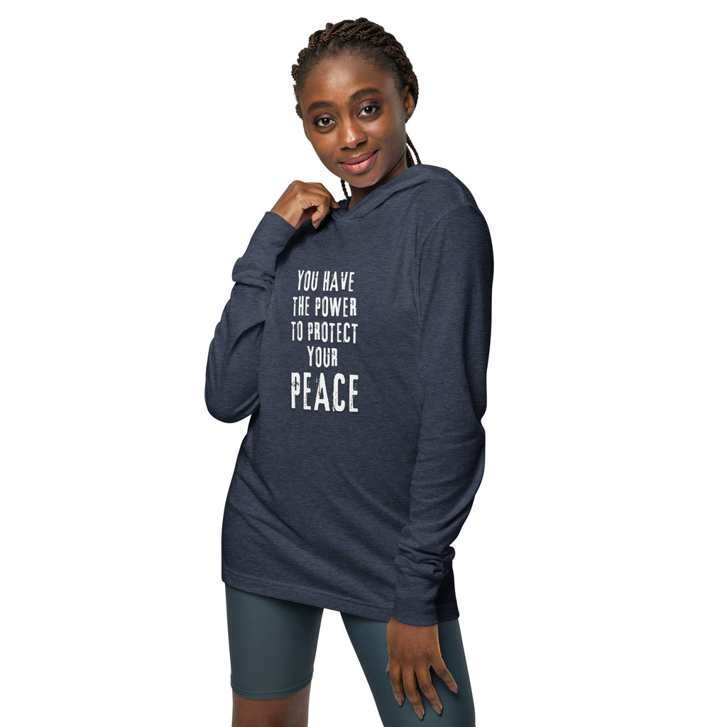 Unisex Hooded Long-Sleeve Tee | You Have The Power To Protect Your Peace Hooded long-sleeve tee AwRans Clothing unisex-hooded-long-sleeve-tee-heather-navy-front-67eb958c01ad1