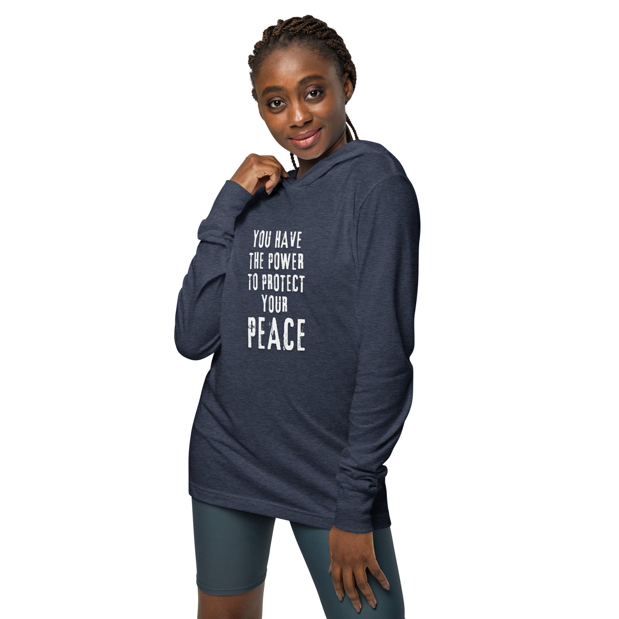 Unisex Hooded Long-Sleeve Tee | You Have The Power To Protect Your Peace Hooded long-sleeve tee AwRans Clothing unisex-hooded-long-sleeve-tee-heather-navy-front-67eb958c01ad1