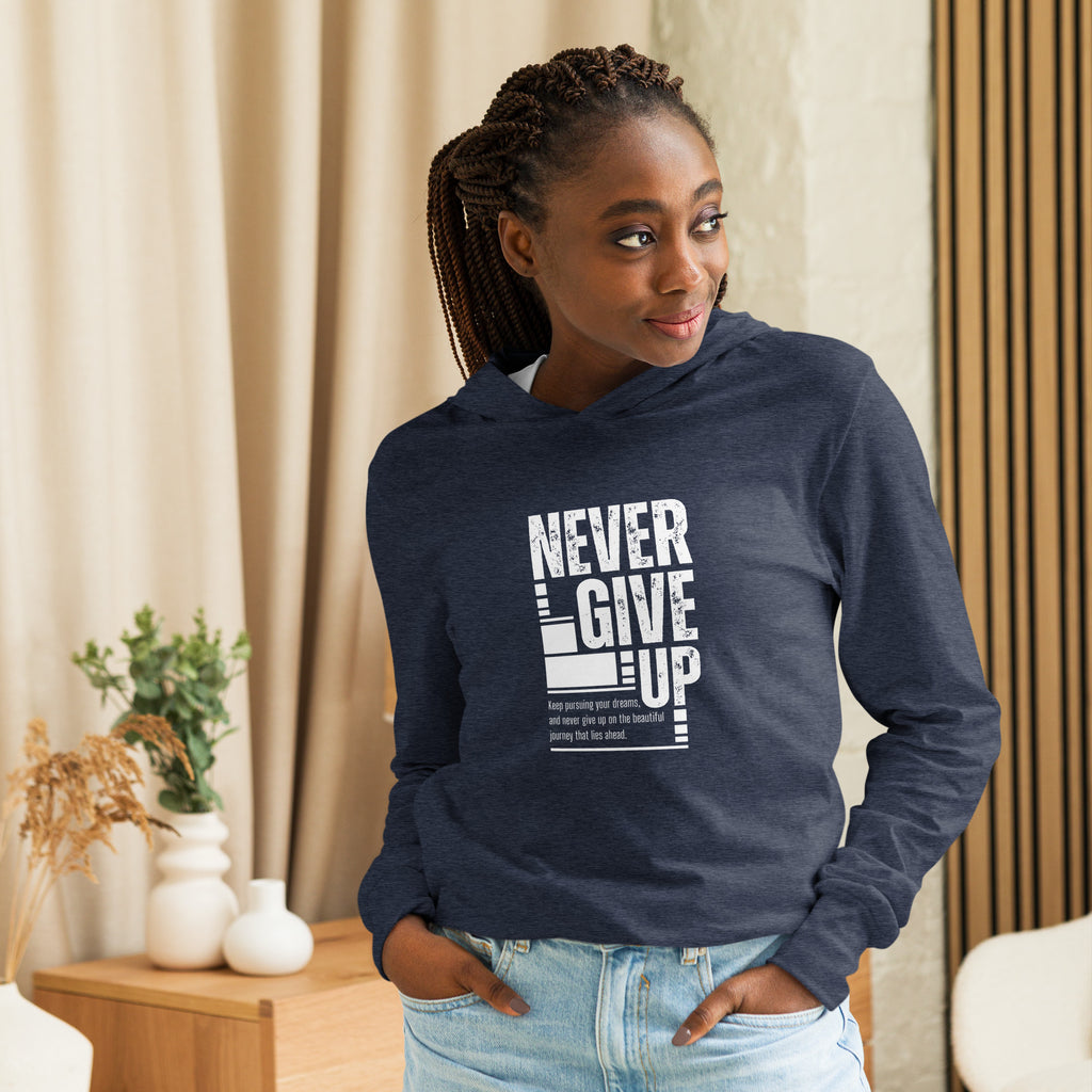 Unisex Hooded Long-Sleeve Tee | Never Give Up Hooded long-sleeve tee AwRans Clothing unisex-hooded-long-sleeve-tee-heather-navy-front-67eb96c46138c